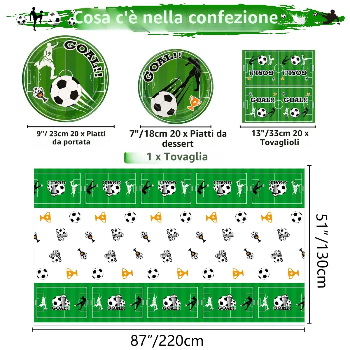 Decorazioni per feste di calcio per 20 ospiti, set da tavola include piatti di carta da calcio, tovaglia da calcio, tovaglioli, per tema sportivo festa di compleanno, baby shower decorazioni per feste