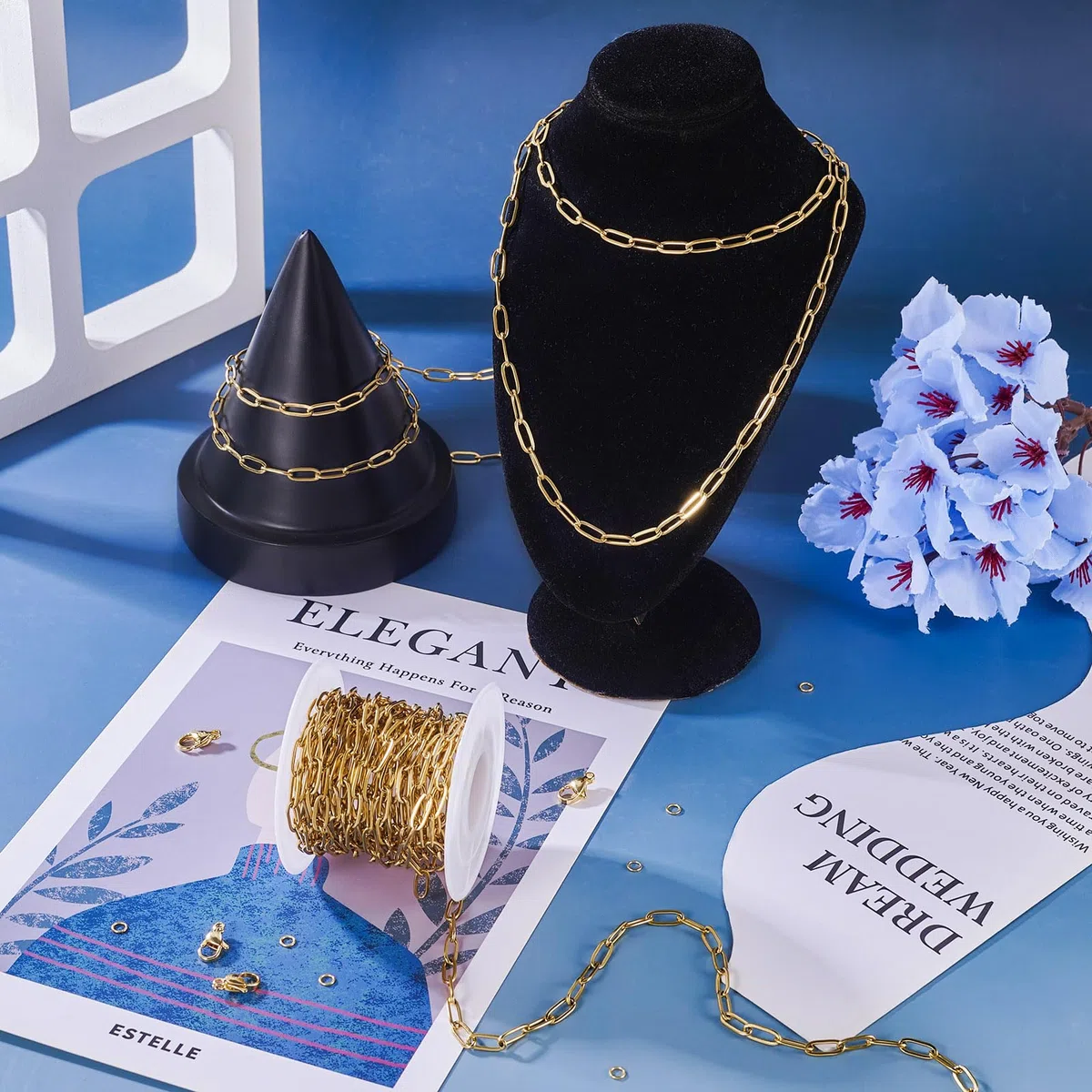 Catene a clip placcate in oro 18 carati, 5 m, in acciaio inox, con maglie ovali, con chiusura a moschettone, anelli di salto, per artigianato, bracciali, collane, portachiavi da donna