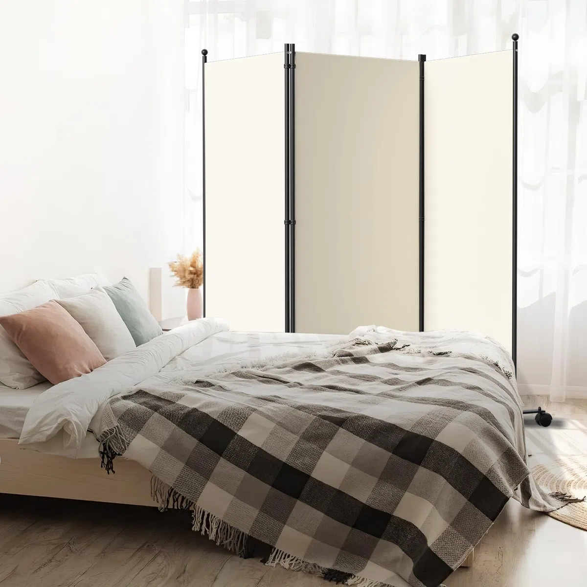 Paravent Interieur, 263 x 181 cm, divisorio pieghevole in 3 pezzi, divisorio da parete in metallo e poliestere, frangivista per interni, per casa, ufficio, terrazza, beige