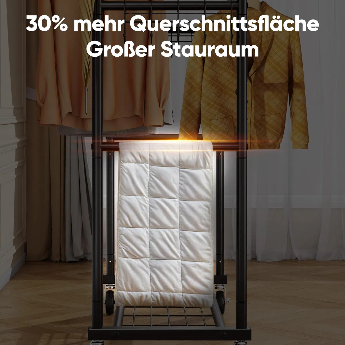HOKEEPER Appendiabiti a Doppia Astella Resistente 204kg con Ruote e Ripiano, Portatile per Camera da Letto, Lavanderia e Cappotti - Nero