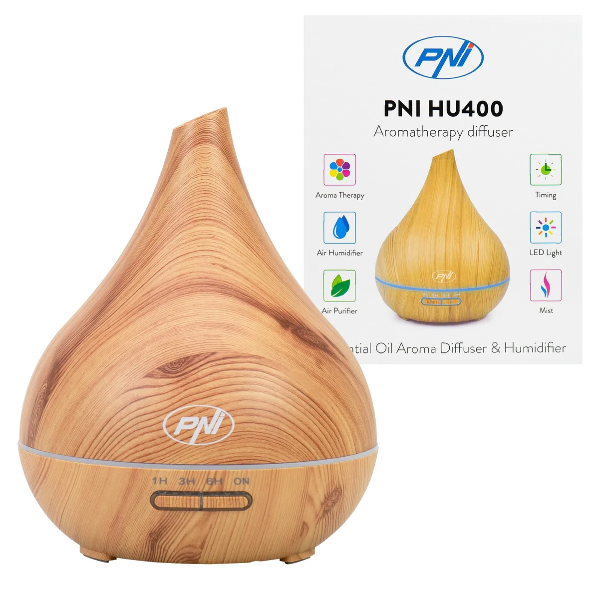 Diffusore per aromaterapia PNI HU400 per oli essenziali, con ultrasuoni, 400 ml, timer, 7 colori LED, chiusura automatica, illuminazione in legno
