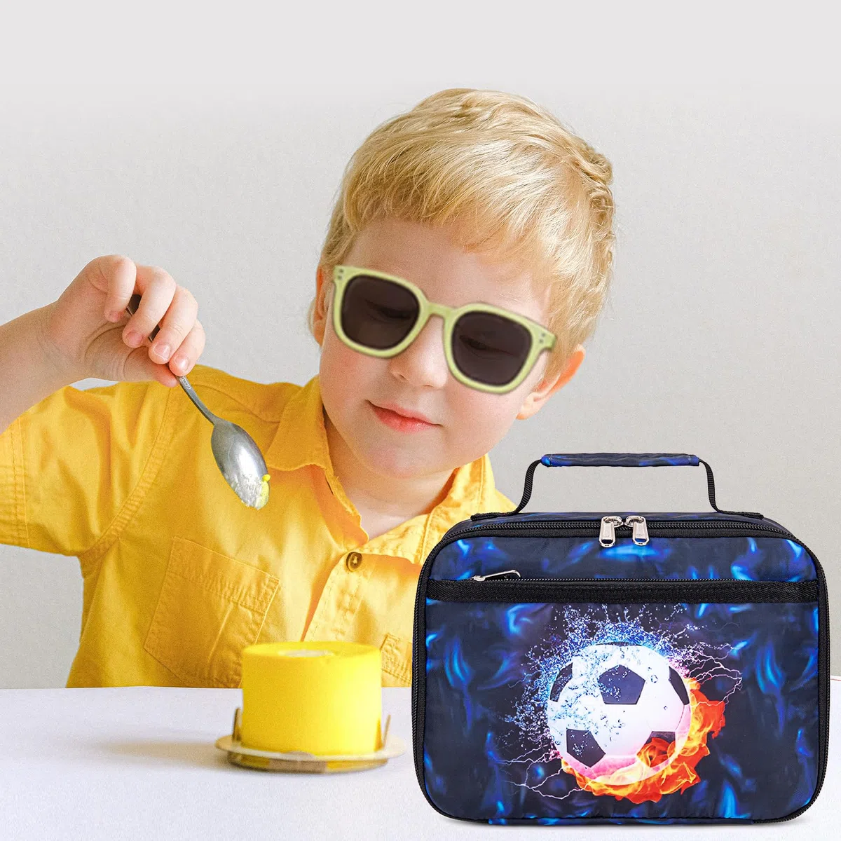 LEDAOU Borsa termica per bambini, 5 l, con chiusura lampo, borsa termica per il pranzo, per scuola, escursionismo, lavoro, Calcio Nero Blu, Casual