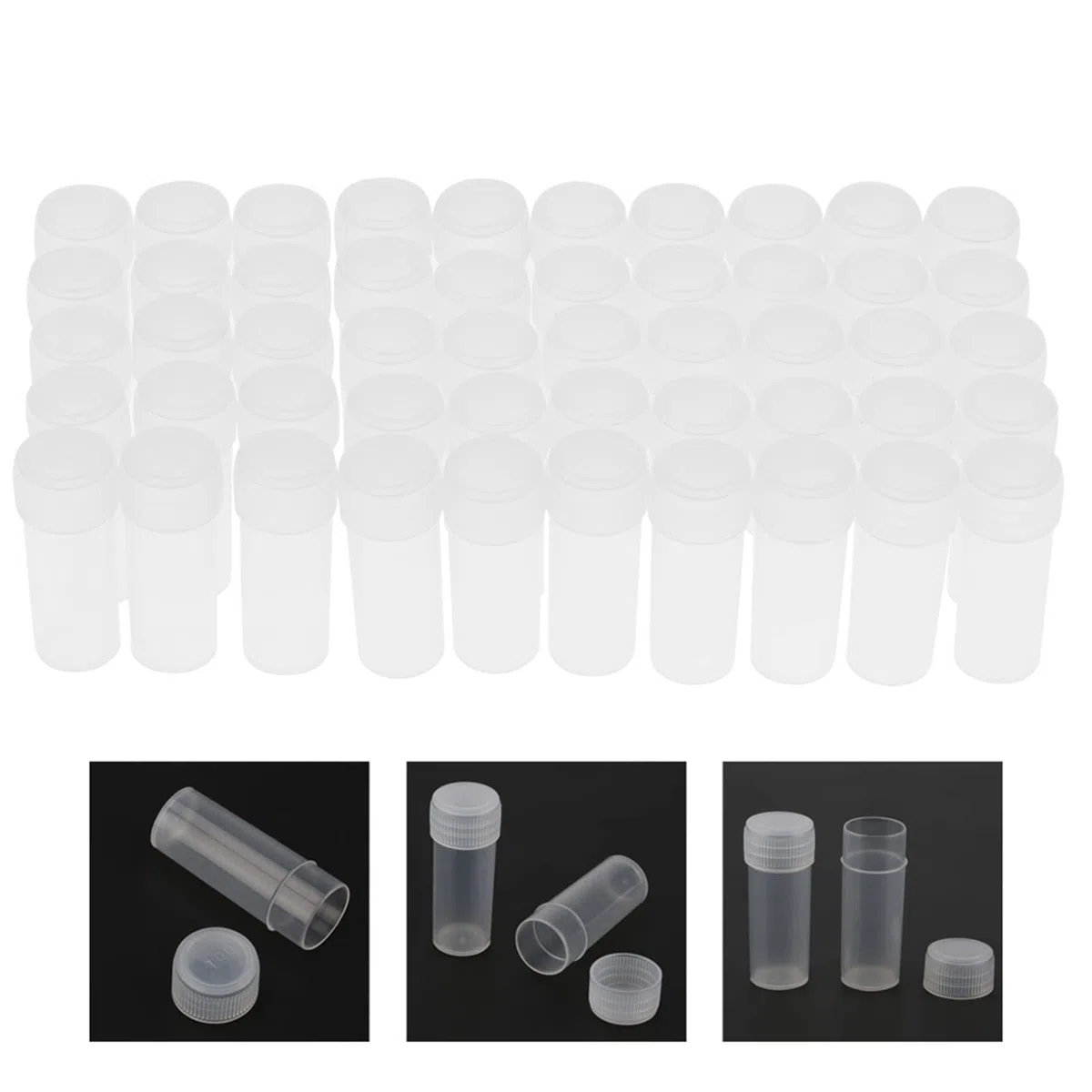 Bottiglie Campionamento Plastica Trasparente, 5 ml, 50 Pezzi, PE, Chiusura Ermetica, per Polvere, Solidi, Pillole, Semi