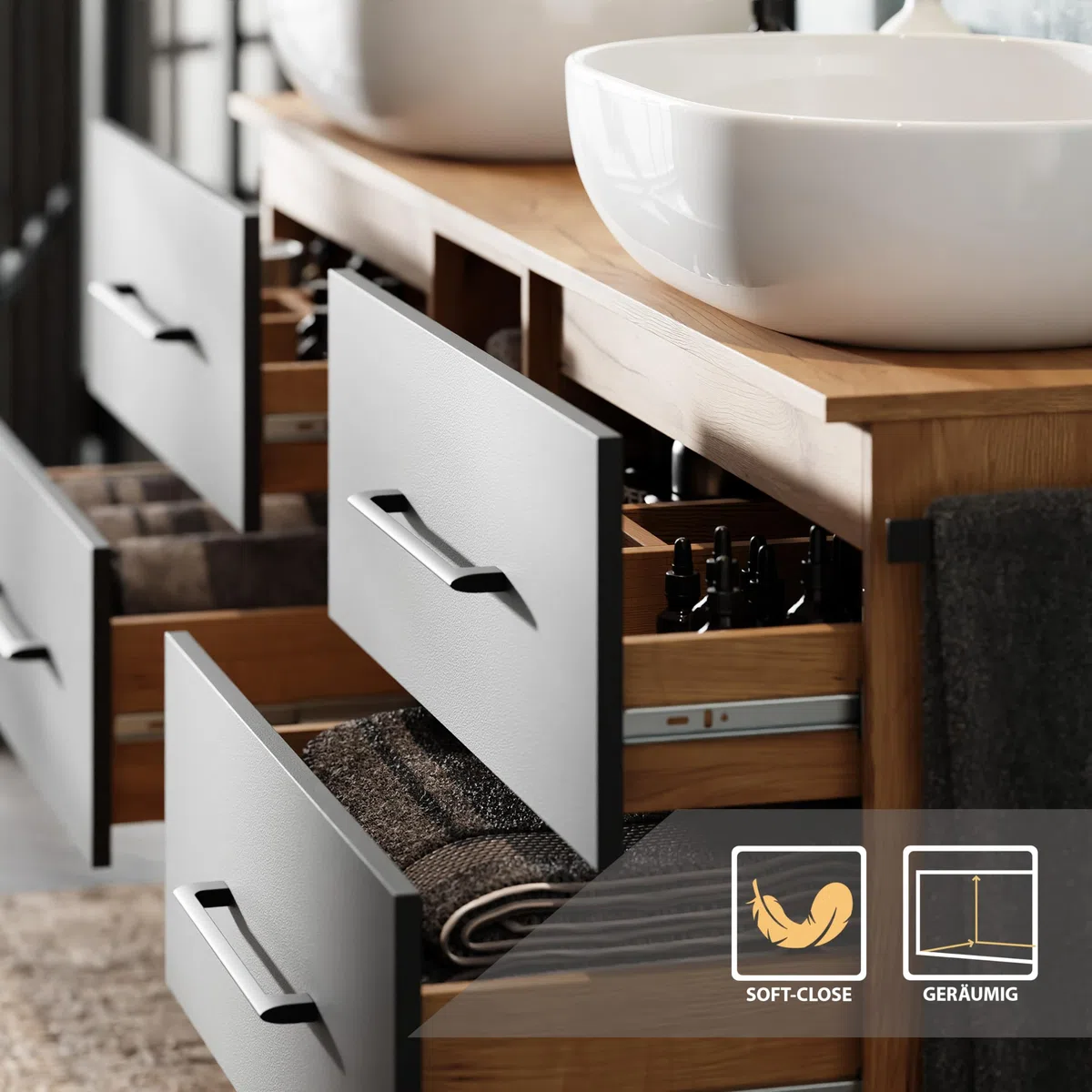 Planetmöbel Lux Set di mobili da bagno con lavabo sospeso da 170 cm e 2 lavabi da appoggio da 60 cm di colore bianco, mobili in rovere dorato/antracite