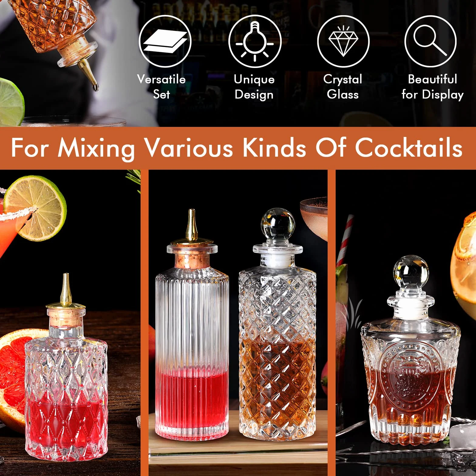 SuproBarware Bitters Bottle per cocktail Set di 5– Bottiglie in vetro con cruscotto, ideale per barista, casa bar