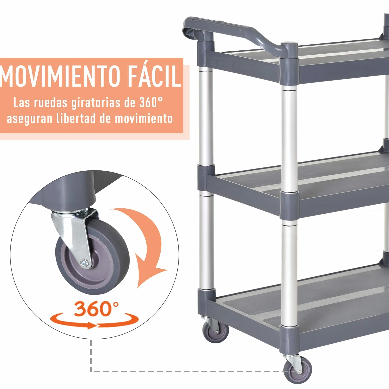 HOMCOM Carrello da cucina in lega di alluminio con ruote Carrello da cucina a 3 livelli Carrello portaoggetti carico 105 kg per Sala da pranzo Bagno 88x44x93 cm Grigio