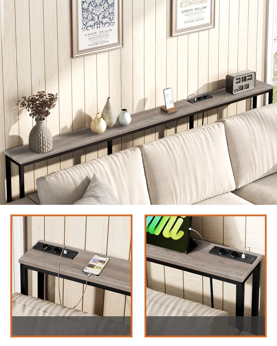 CHOEZON Tavolo Consolle, Consolle Ingresso da 200 cm con 2 Prese e 2 Porte USB, Tavolo da Divano Stretto, Stile Industriale, per Ingresso, Soggiorno, in Grigio e Nero DTXG20CBG