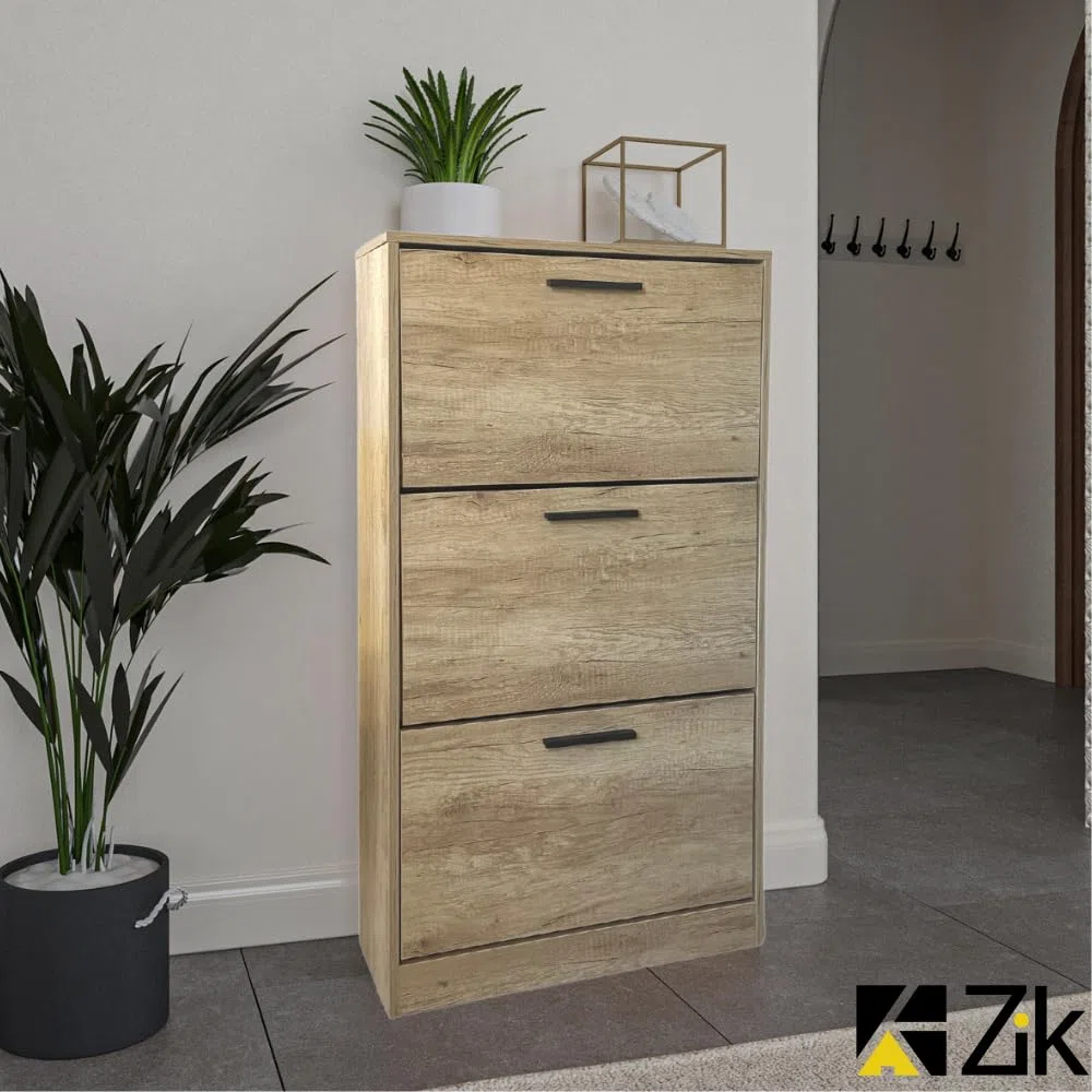 ZIK - Scarpiera Salvaspazio Slim in Legno (63x24x115h) Scarpiera da Ingresso Verticale, Moderna, Scaffale Scarpe di Design Vari Colori per Vari Stili di Arredamento (Rovere - Maniglie Nere)