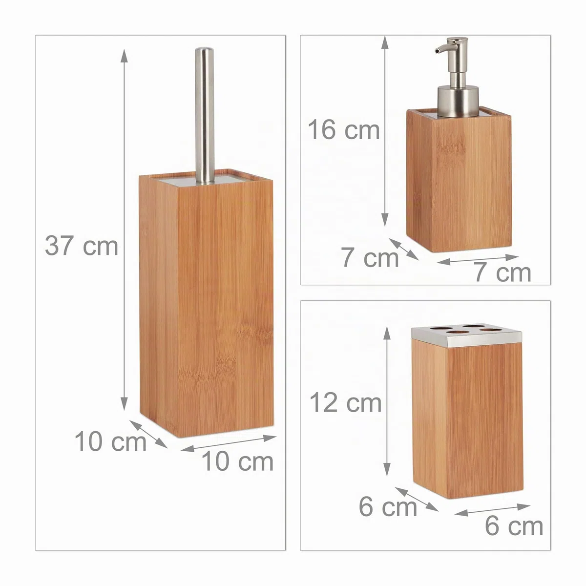 Relaxdays Kit Bagno Porta Sapone, 6 pz bambù, Dosatore, Cestino, Porta-Scopino, Ripiano, Portaspazzolino, Legno Naturale