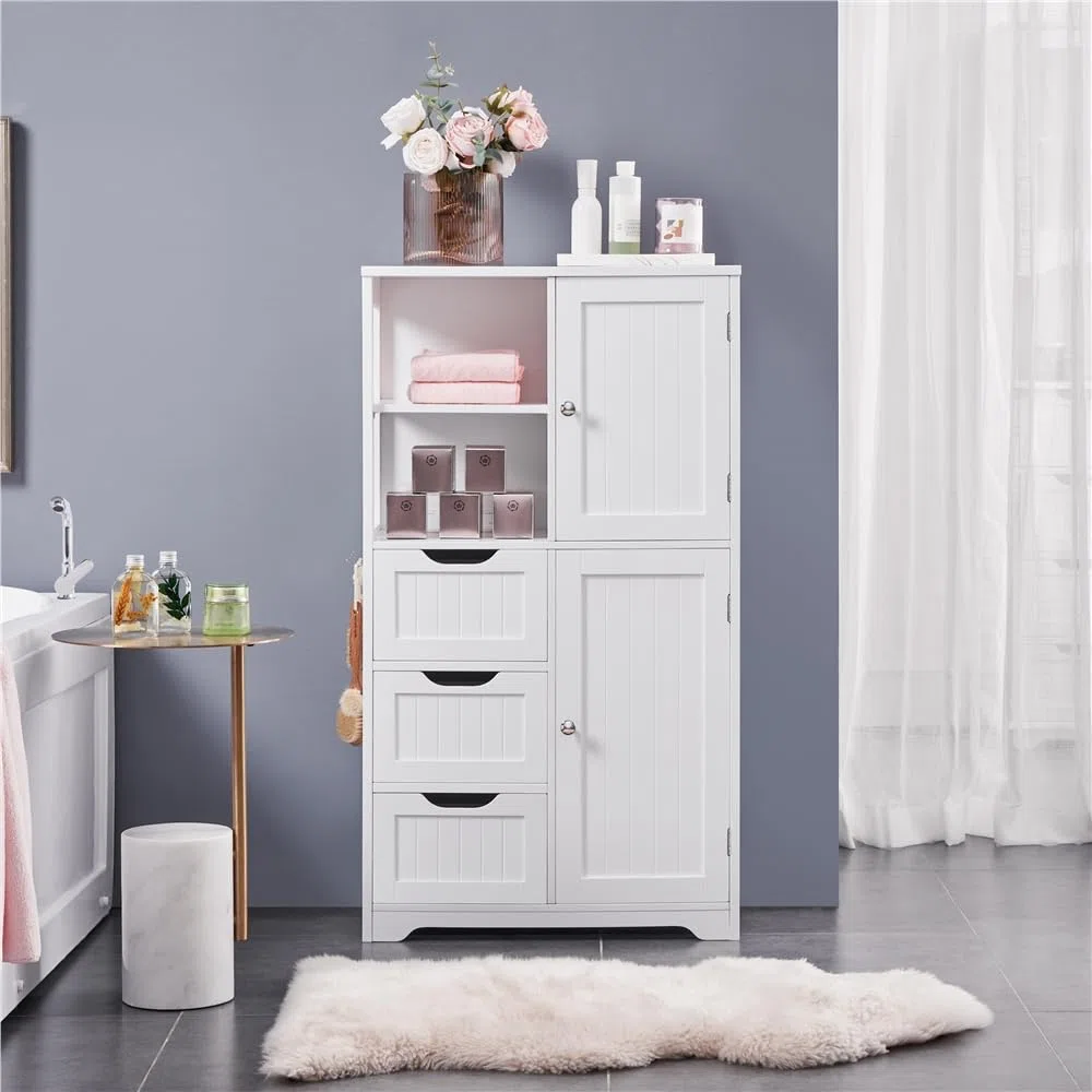 Yaheetech Mobile da Bagno Bianco Mobiletto da Terra con 3 Cassetti e Armadietto Mobile con Ganci Portaoggetti Armadietto Moderno 60 x 30 x 107 cm