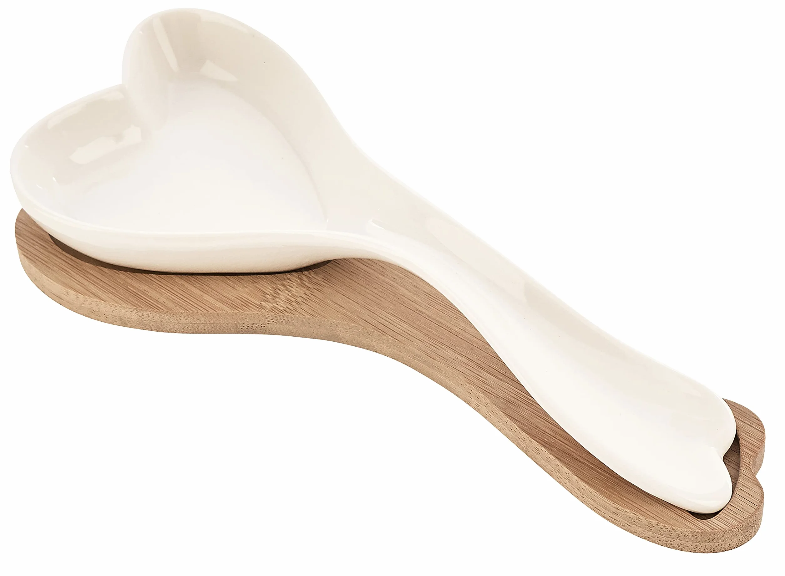 Poggiamestolo Appoggia Cucchiaio da Cucina in Ceramica Bianca con Piattino in Legno a Forma di Cuore