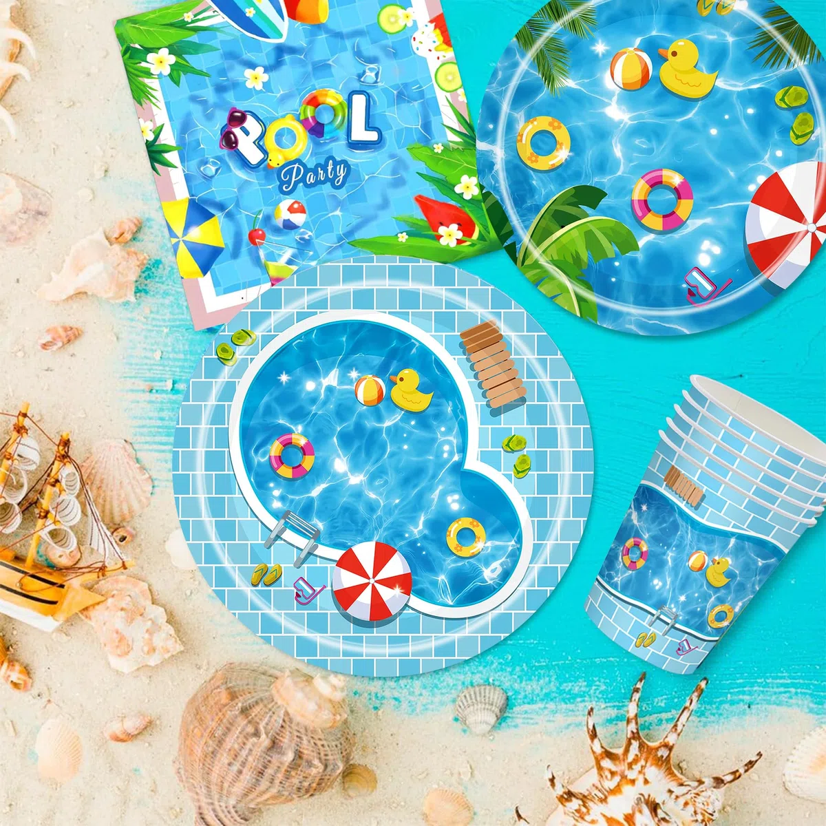 Jiahuade Set di stoviglie estive per feste in piscina, 50 pezzi, stoviglie per feste in piscina, tovaglioli, piatti di carta, bicchieri, stoviglie per 10 ospiti