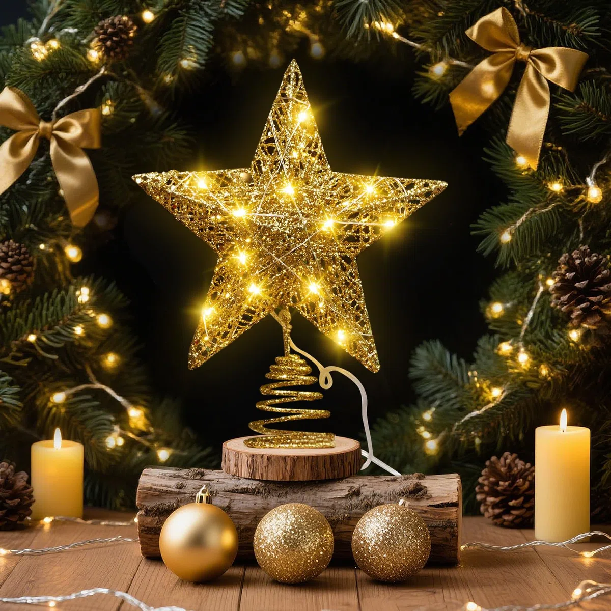 Punta per albero di Natale con 20 LED, 20,3 x 25,4 cm, luce a corona, in ferro, per interni, due modalità (luce accesa/lampeggiante)