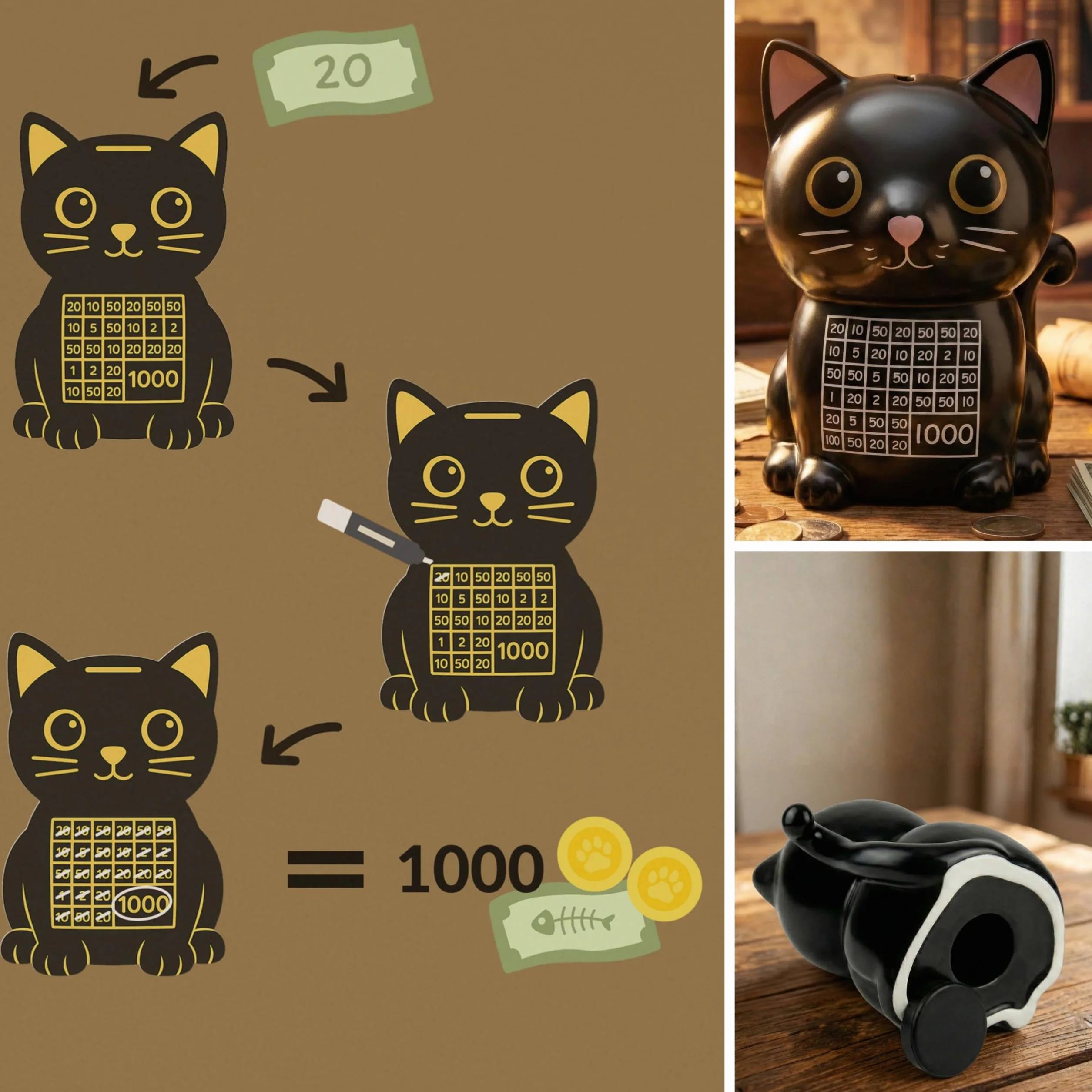 Froster Salvadanaio Conta Soldi - Gatto Nero, Salvadanaio 1000 euro con Contatore, Gatto Gadget in Ceramica, Altezza 15 cm