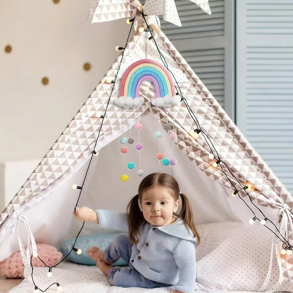 GooODCHANCEUK - Decorazione da parete in macramè arcobaleno con nuvole, ornamenti da parete con pompon, per cameretta dei bambini