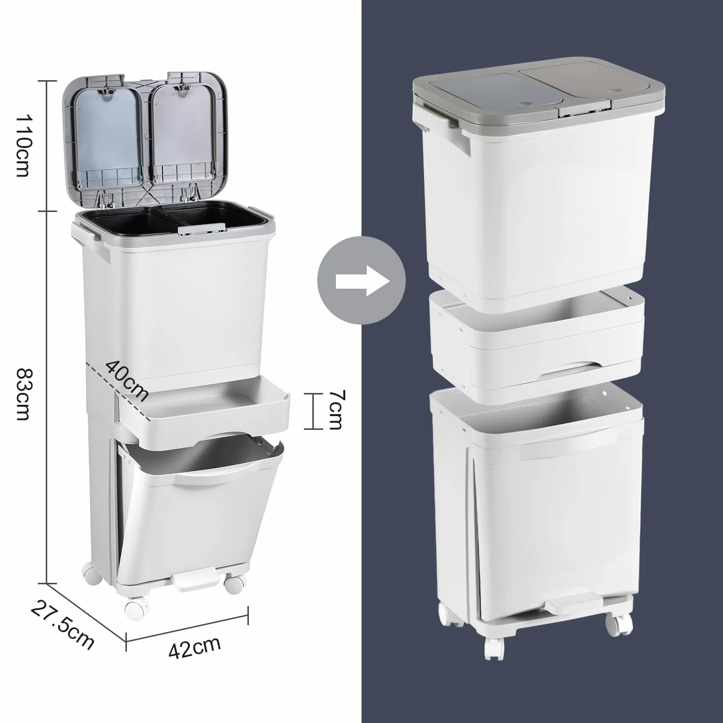 Pattumiera da cucina a 3 scomparti, 42 l, per separare il naso, da cucina con coperchio, pattumiera a pedale con coperchio su ruote, per cucina, appartamento, ufficio, bianco