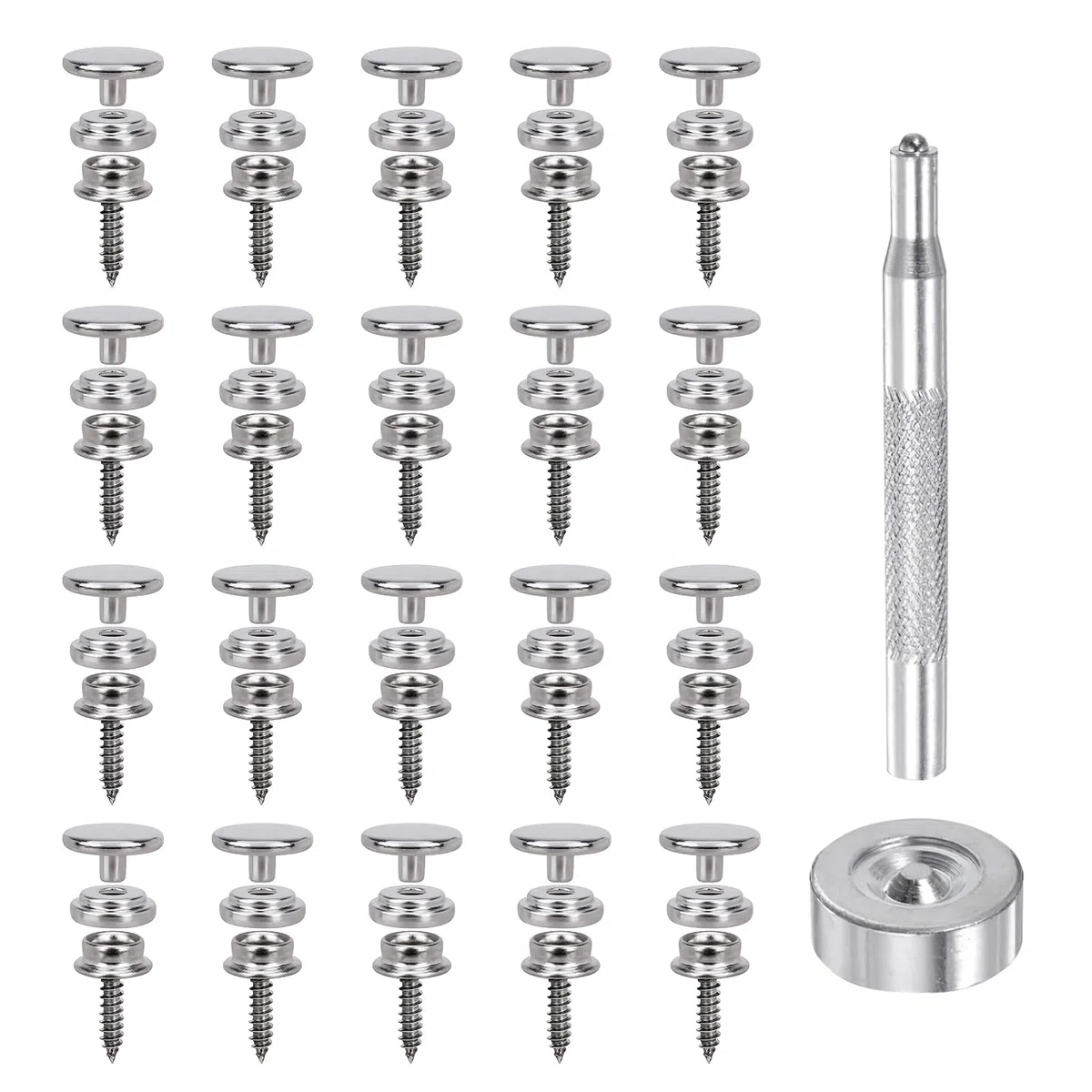 Set di 20 Bottoni Automatici a Pressione per In Acciaio Inossidabile, 15 mm Set di Bottoni in Acciaio Inox, Include 2 Utensili di Fissaggio, per Teloni, Barche, Tende, Mobili, Progetti DIY