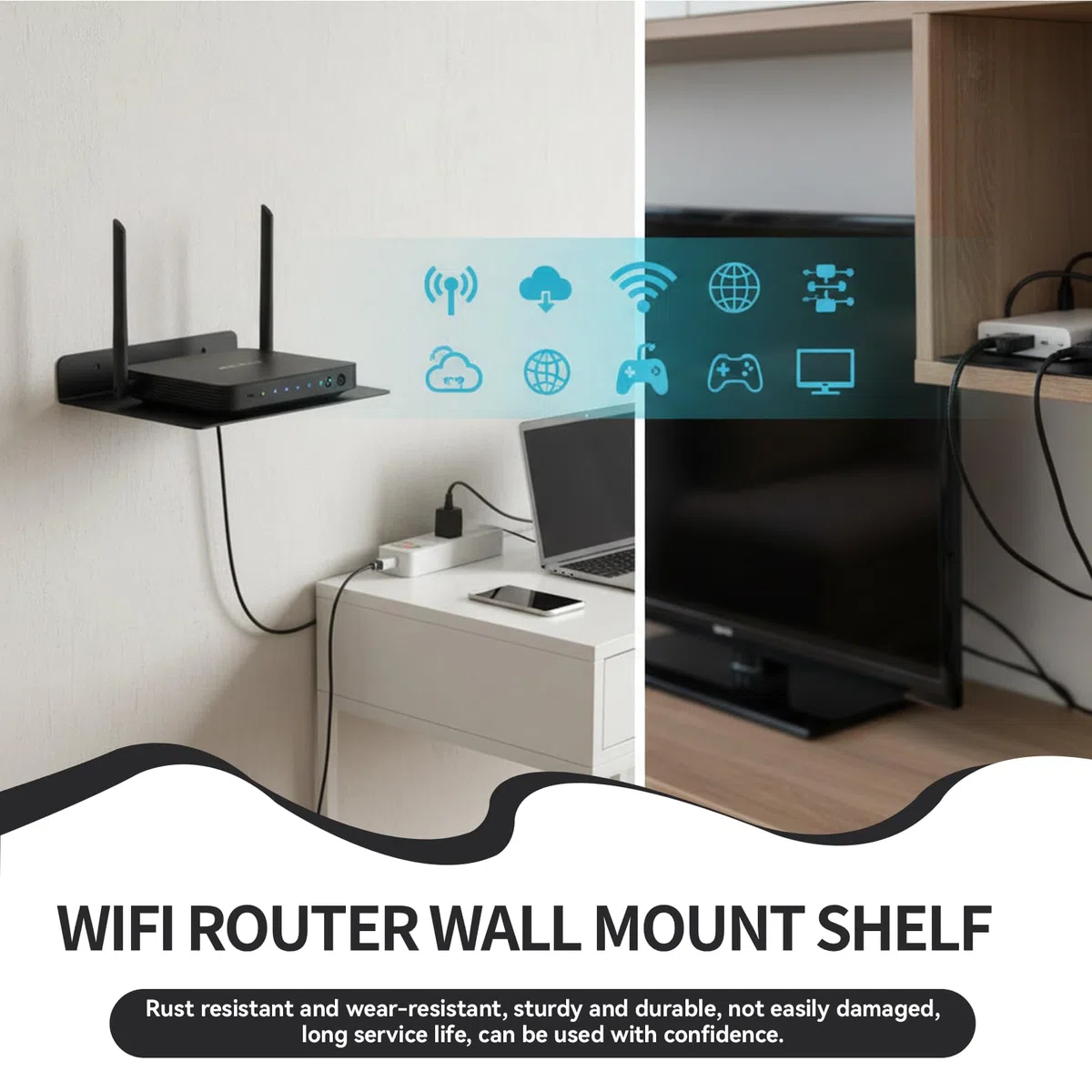 Router Wifi Scaffale a parete a parete, scaffale a cavo per scaffali galleggianti per lettore TV montato a parete per accessori TV (L)
