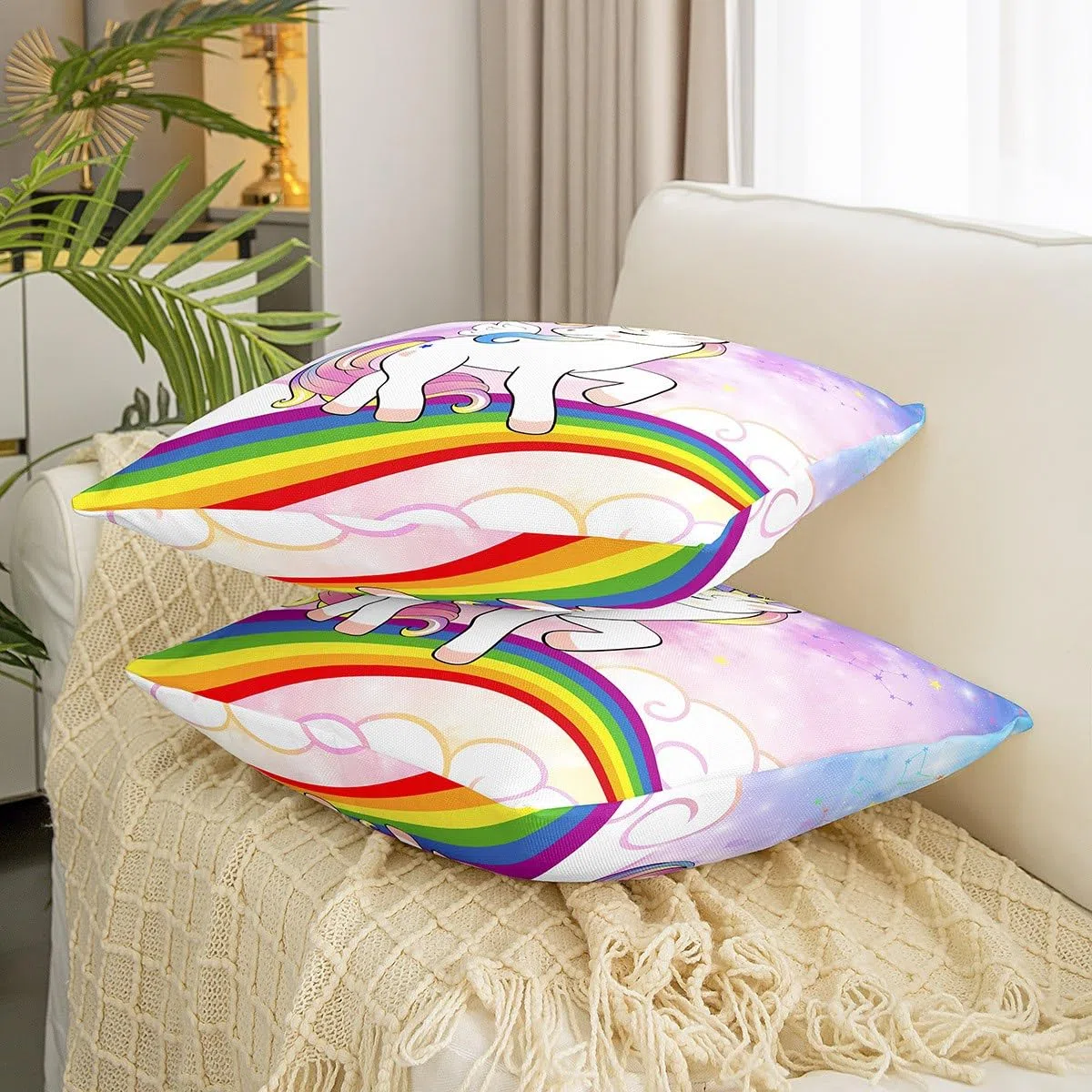Homemissing Federa per cuscino con unicorno, 40,6 x 40,6 cm, 1 pezzo federa per cuscino decorativo per bambini con galassia arcobaleno, federa decorativa per divano a tema unicorno fantasia