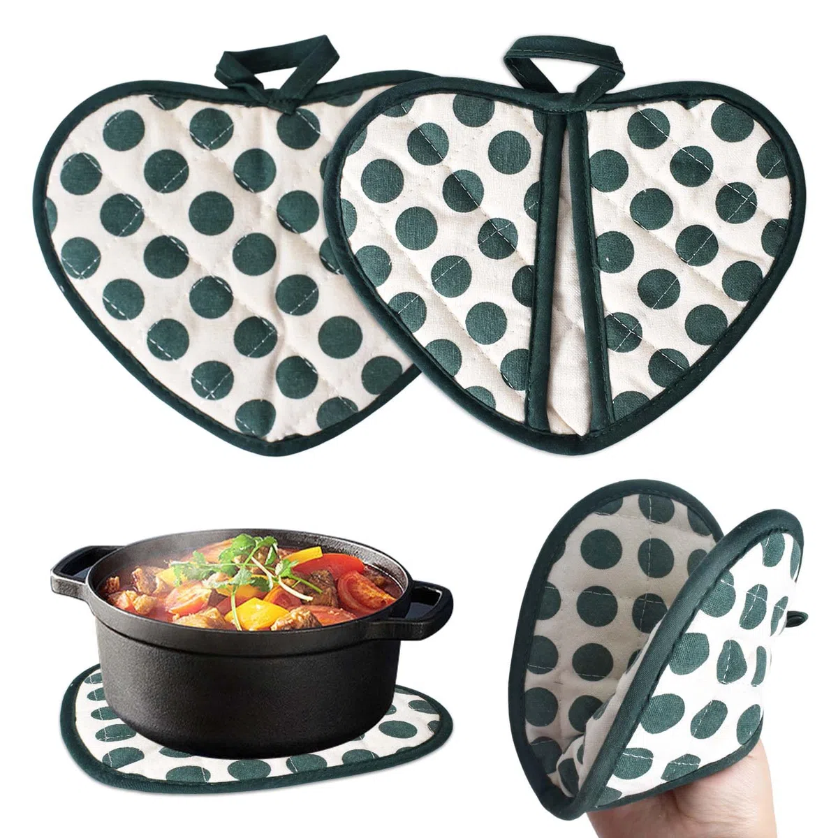 Set di 2 Presine da Cucina, Presine in Cotone con Tasche, Resistente al Calore Fino a 250°C, Guanti da Forno in Cotone Portapentole da Cucina Resistenti al Calore per Cucinare, 20 x 15 cm (Verde)