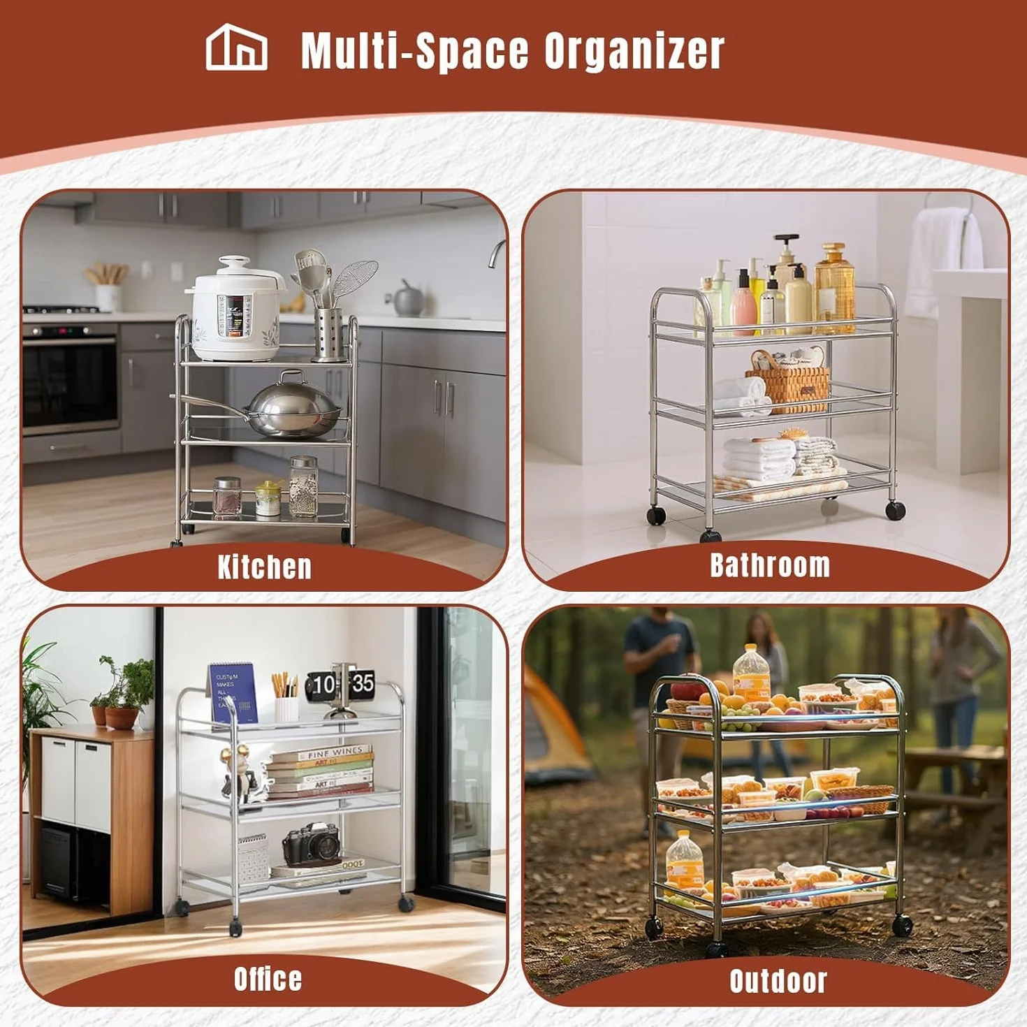 Carrelli di servizio in acciaio inox, carrelli da cucina, carrelli di servizio con rotelle, carrelli stretti per cucine, laboratori, uffici e soggiorni