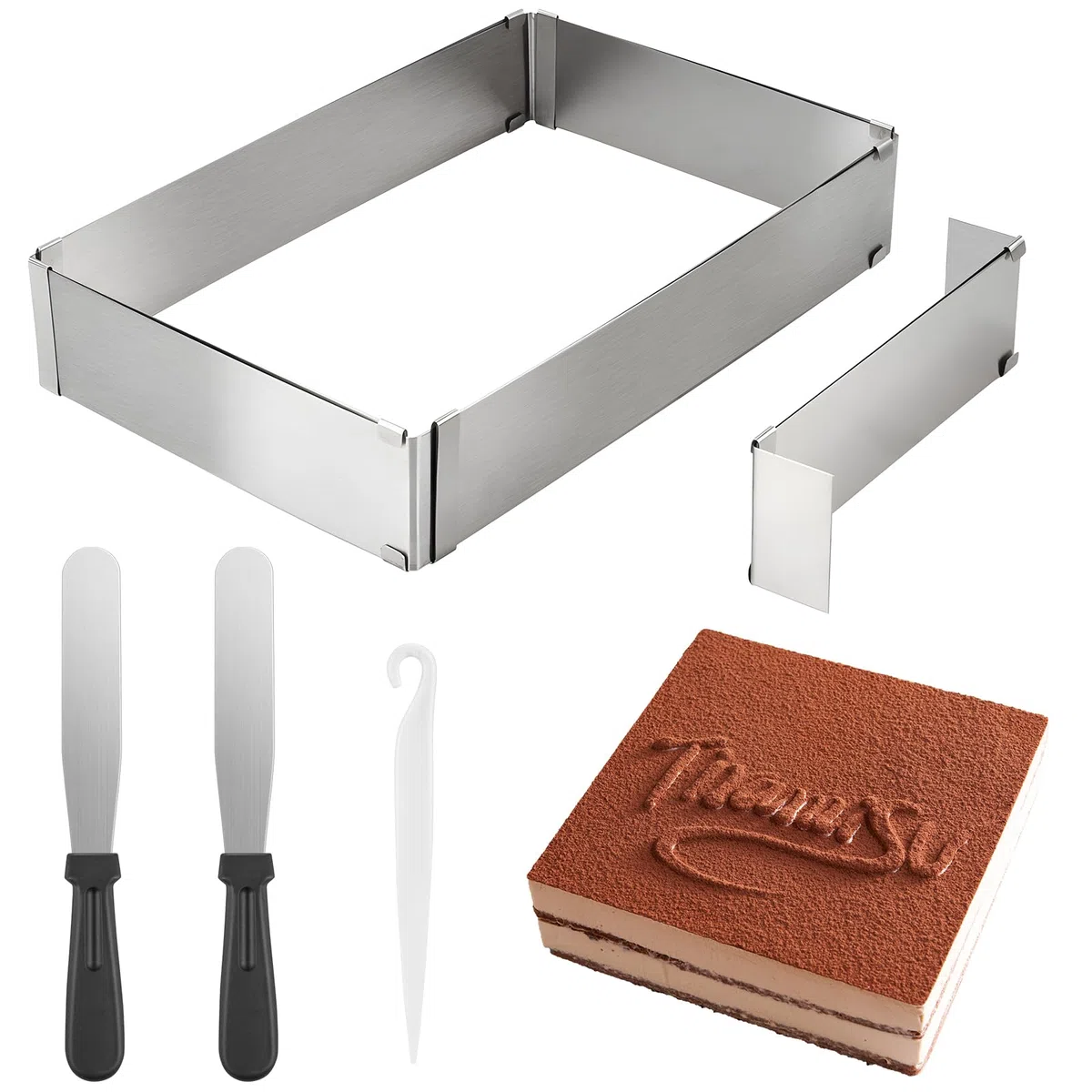 Stampo Rettangolare Torta, Anello per Dolci in Acciaio Inox con Divisore e Spatola, Regolabile 18-33 cm x 28-53 cm, Altezza 5 cm, Anello per Torte per Dolci, Pasticceria, Torte