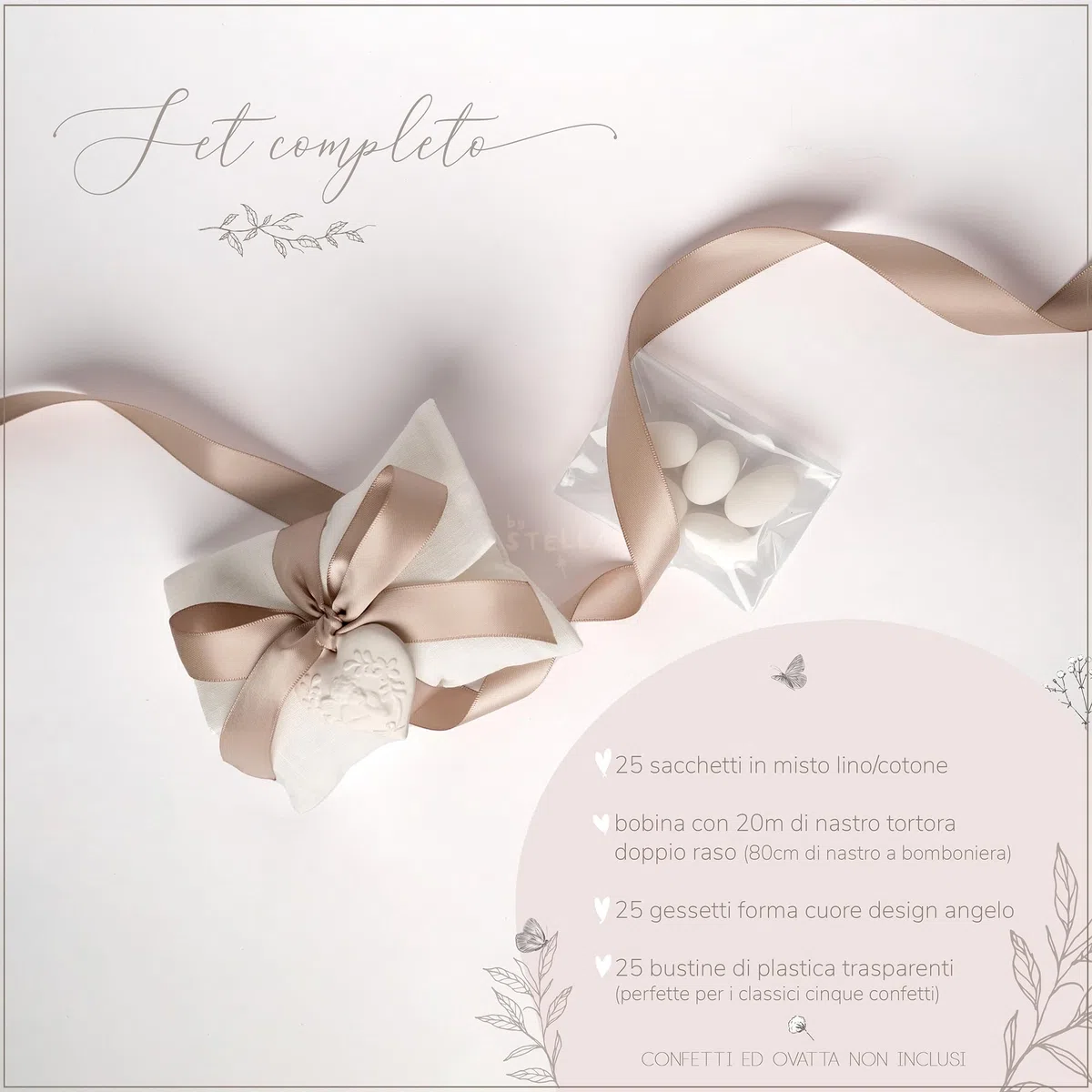 Eleganti Bomboniere Matrimonio/Cresima/Comunione in Soffice Misto Lino/Cotone, Sacchetti Portaconfetti con Gessetti Cuore/Angelo, 25 Pezzi (Salvia)