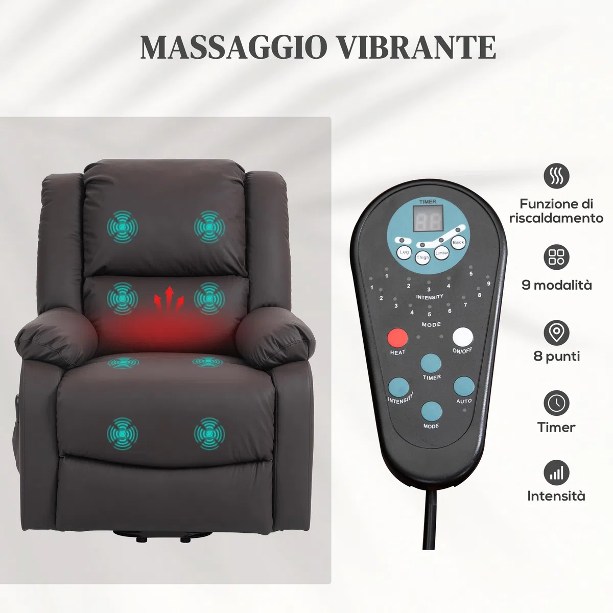 HOMCOM Poltrona Elettrica Alzapersona Reclinabile in Tessuto Antigraffio, Poltrona Relax Elettrica con 8 Punti Massaggianti, Riscaldamento, Poggiapiedi e 2 Telecomandi, Marrone