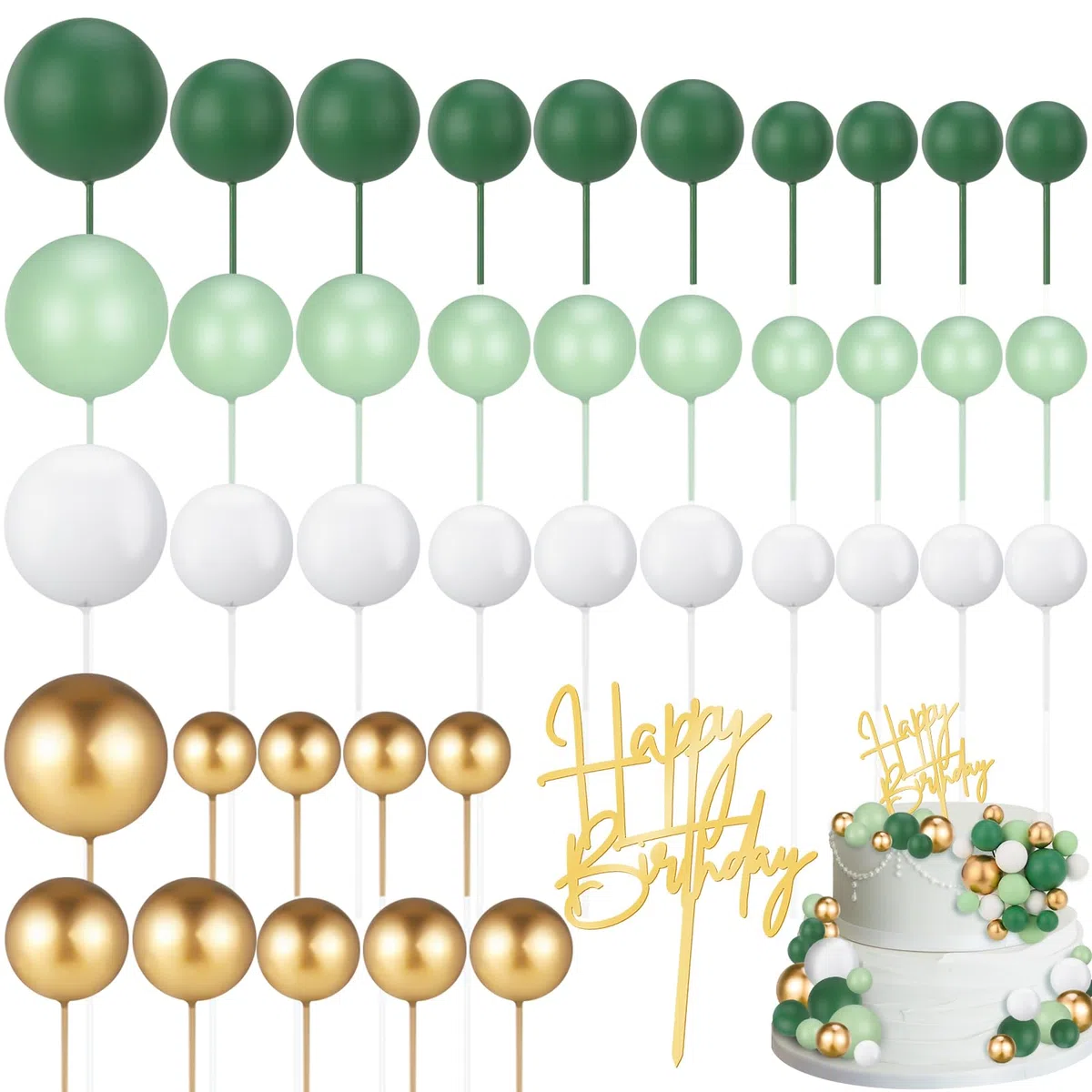 41 Palline Decorative per Torte Set, Decorazioni Torta Topper Torta Battesimo Torta Compleanno Decorazioni per Torte per Compleanni Matrimoni Feste fai da te (verde, bianco)