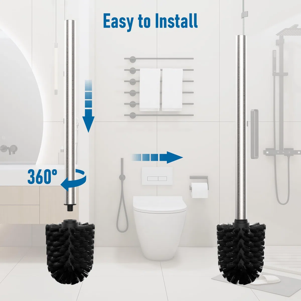 Scopino per WC, con 3 testine di ricambio, manico in acciaio inox 304, per la pulizia del bagno (argento, diametro 7 cm)
