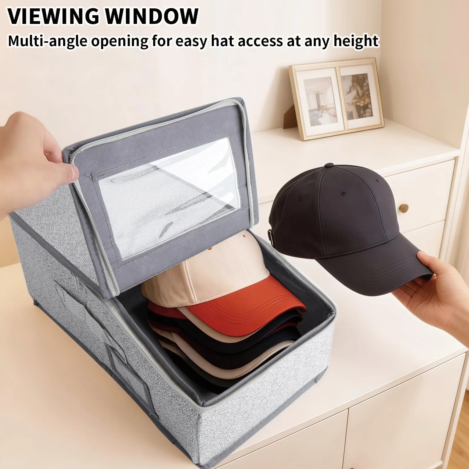Scatola Porta Cappelli con Finestra Trasparente – Contenitore Pieghevole e Impilabile in Tessuto, Organizzatore Armadio Anti-Polvere, Scatola Salvaspazio per Cappelli, Vestiti e Accessori