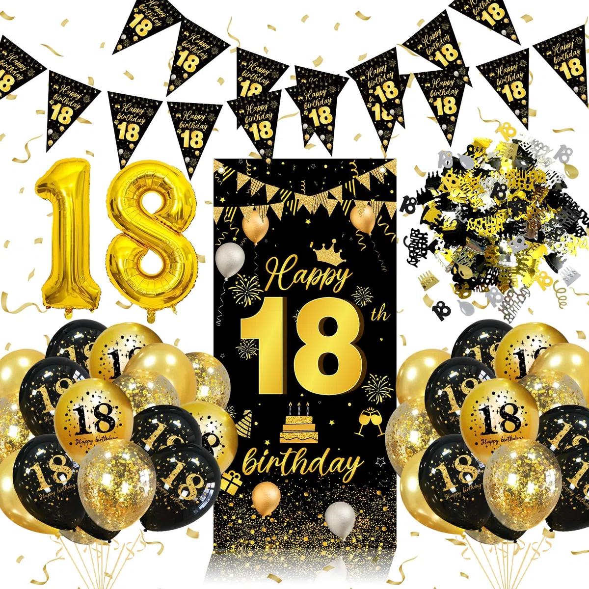 Palloncini 18 Anni Compleanno Ragazza Ragazzo, 18 Anni Decorazioni Nero Oro, Striscione 18 Anni, Coriandoli, Feste di Compleanno Sfondo Fotografico Tessuto, Decorazioni per Compleanno