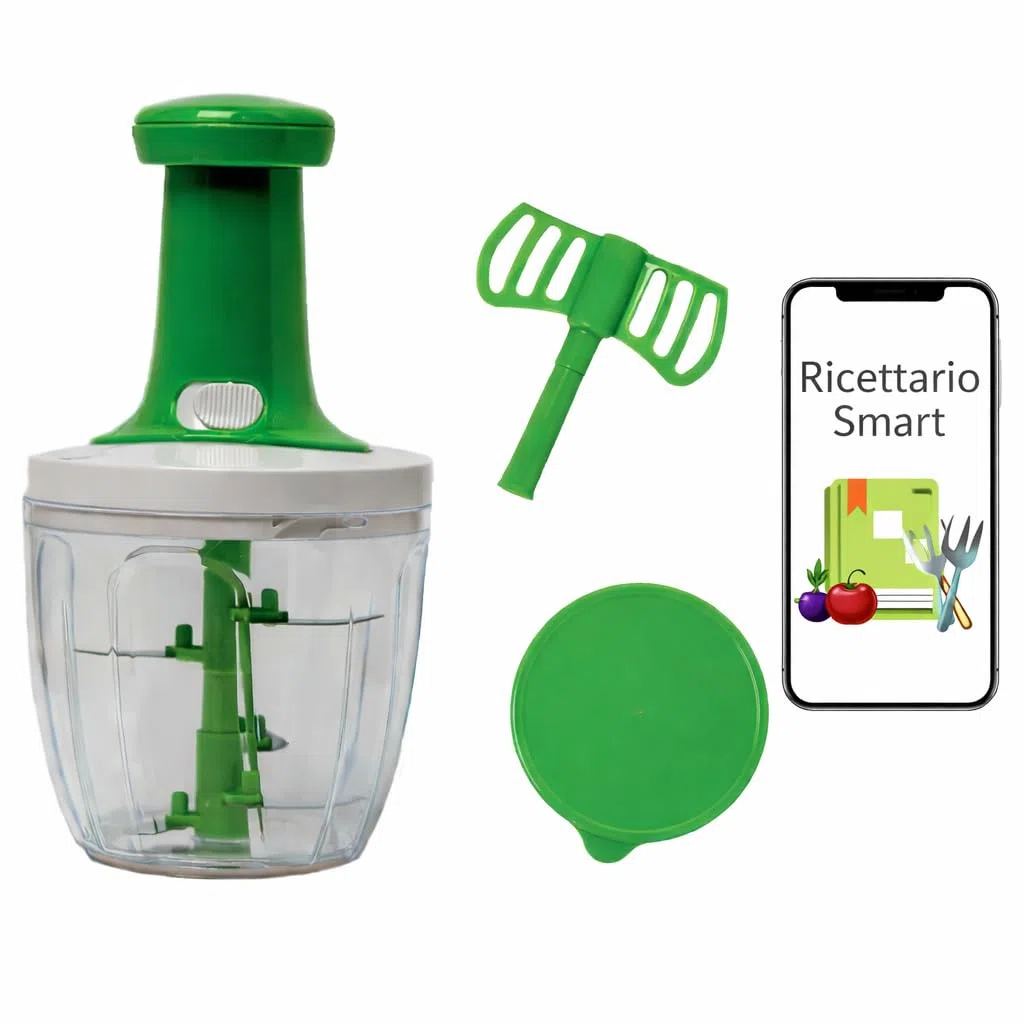 BIOVIRA Tritatutto Manuale 5 Lame Inox – Chopper da Cucina tipo Pedro Chef, Frullatore Manuale e Tritaverdure per Cipolla, Aglio, Prezzemolo, Verdure, Slap Chop Vegetable Chopper + Ricettario Digitale