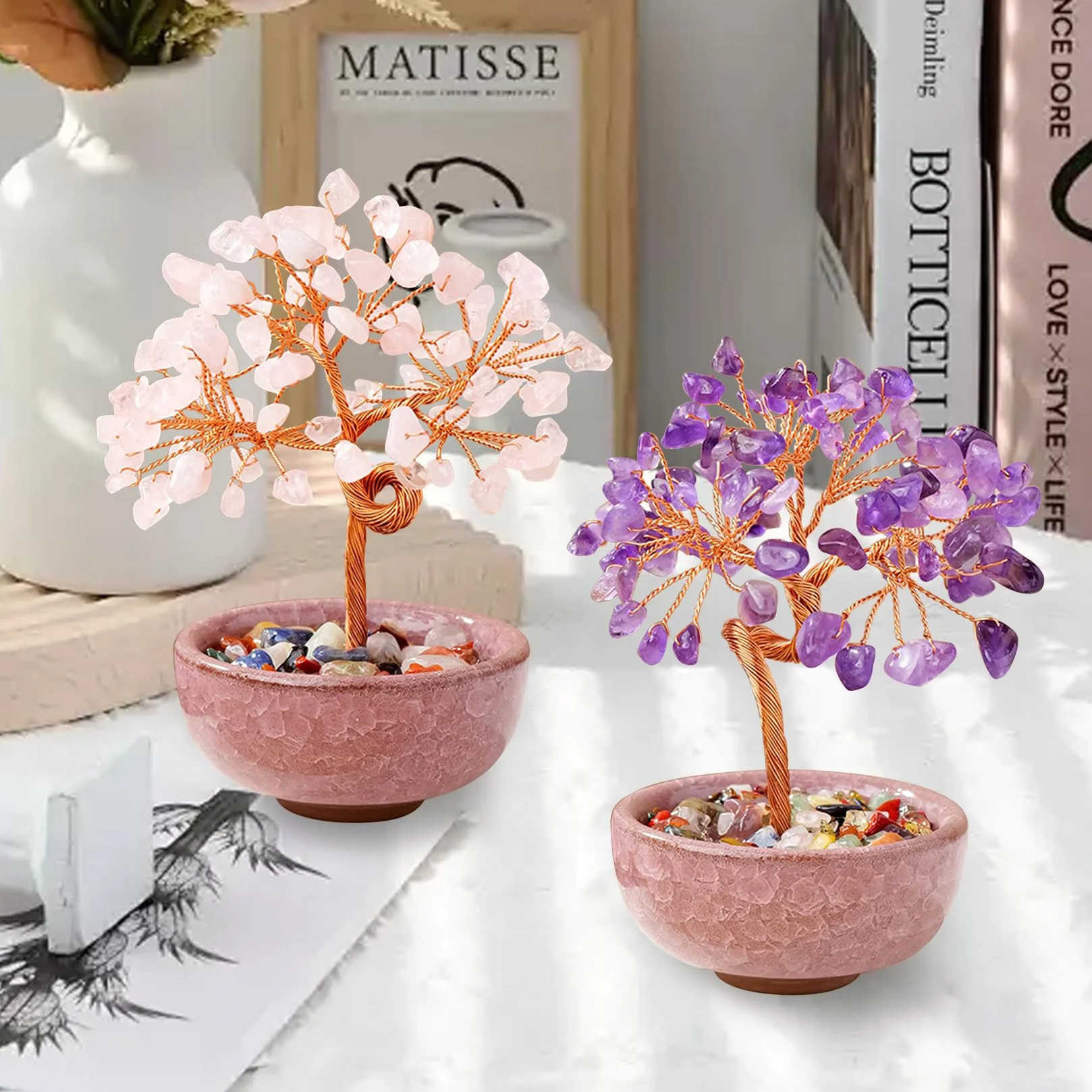 Albero della Vita Feng Shui Decorazione 81 Cristalli Ametista Pietra Naturale Preziosa Gusci di Pietra Con Base Decorazione Spirituale Per Regalo e Fortuna（Quarzo rosa）
