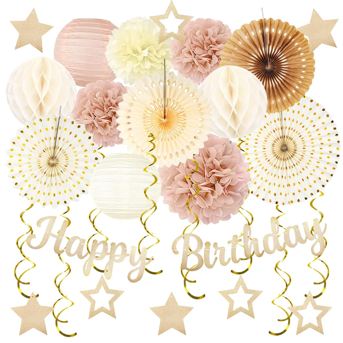 Decorazioni per feste di compleanno in oro champagne – 29 pezzi beige crema retrò decorazioni autunnali per donne e ragazze: striscioni Happy birthday, strisce di carta, pompon – ZERODECO