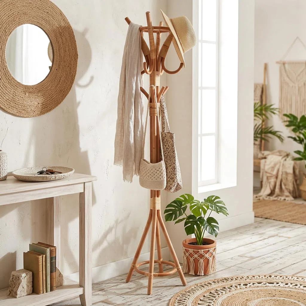 Appendiabiti da Terra in Rattan Naturale Stile Boho Chic con Ganci a Diverse Altezze, Design Decorativo per Ingresso e Camera da Letto, 37 x 155 cm