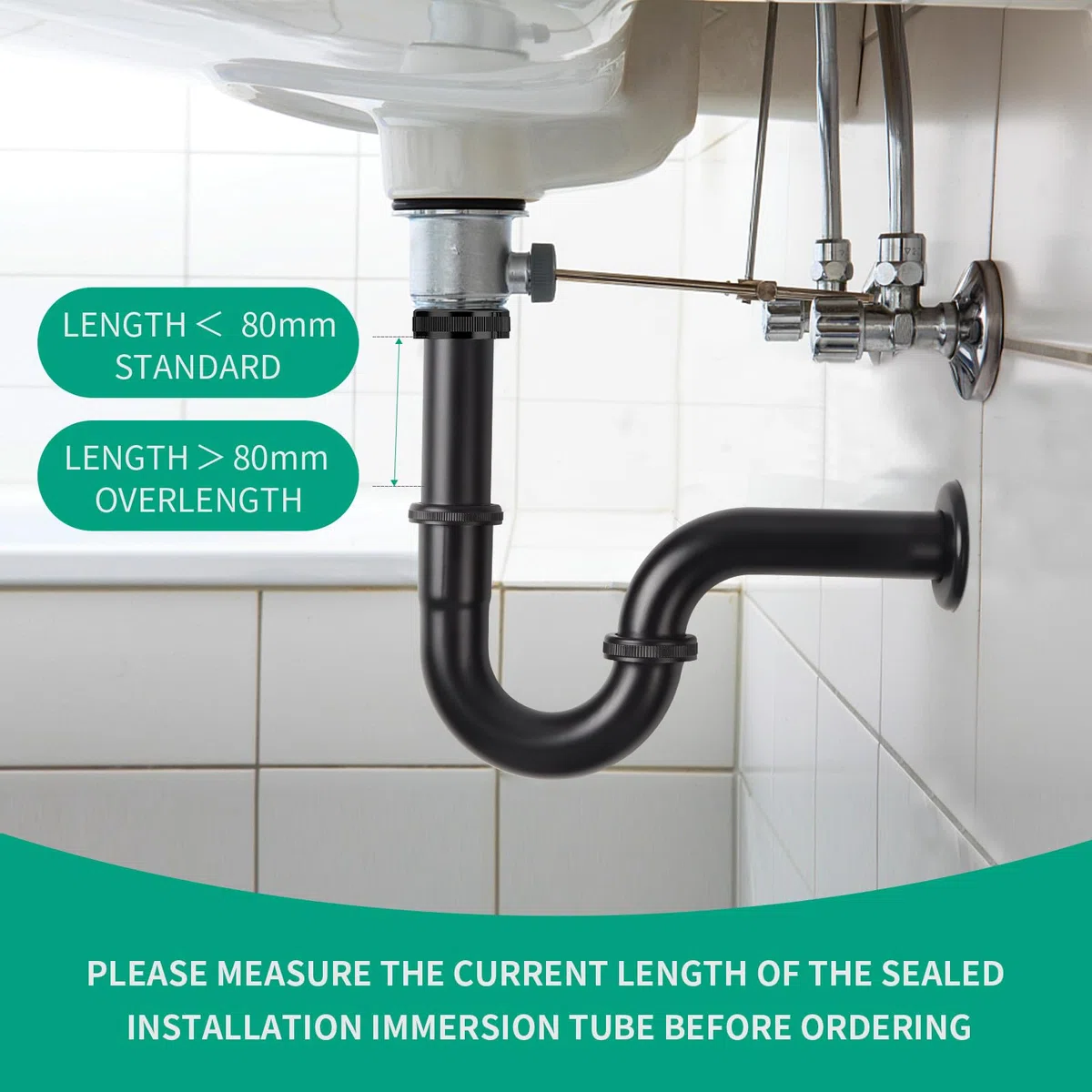 Sifone Lavabo Bagno - Lavello universale a Scarico Lavandino Bagno da 1 1/4" x 32 mm, Tubo di scarico in acciaio inox per Sifone Lavandino Bagno e Cucina (Nero - Lunghezza Standard)