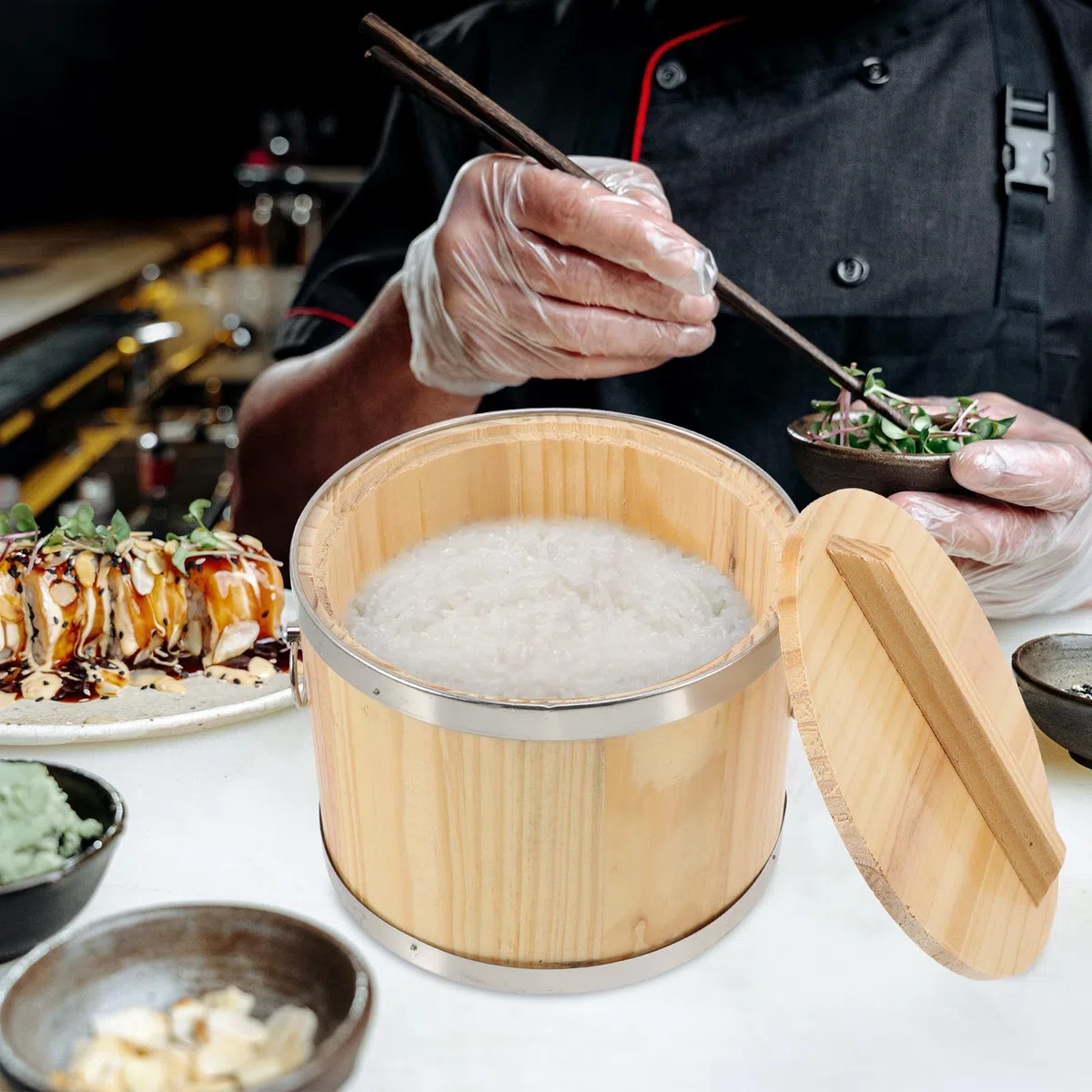 Contenitore in Legno Coperchio per Riso Cotto Sushi, Secchio Rotondo Multifunzione la Conservazione Alimenti, Accessorio Cucina per Famiglie e Ristoranti