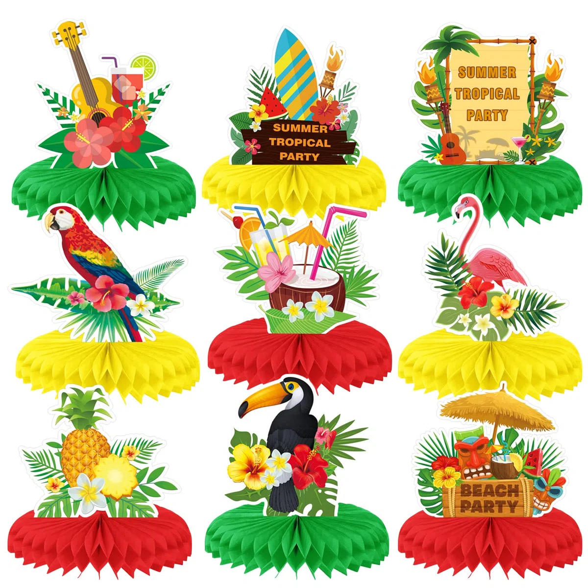 HOWAF 9 Pezzi Centrotavola Hawaiano, Aloha Decorazioni da Tavola Fenicotteri Rosa Ananas Noce di Cocco Centrotavola a Nido d'Ape Hawaiano Luau Tiki Centrotavola Tropicale 3D per Addobbi Festa Hawaiana
