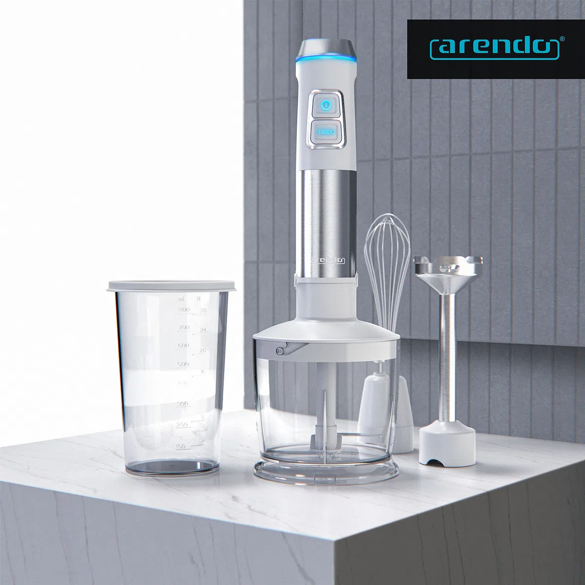 Arendo - Frullatore a immersione in acciaio inox da 1200 Watt - Frullatore ad immersione - Velocità continua - Coltello a 4 ante - Misurino da 800 ml - frusta - Piedino rimovibile