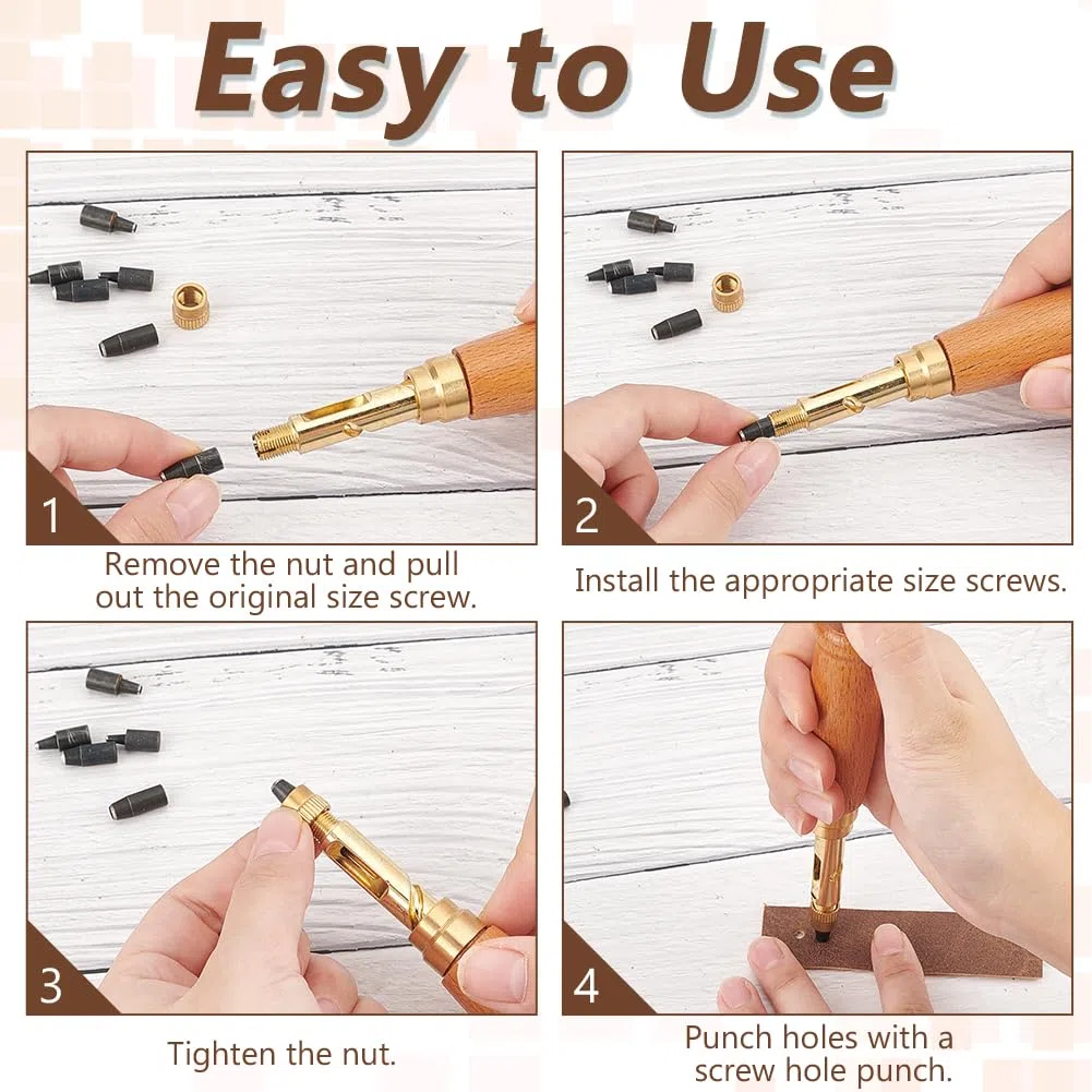 FINGERINSPIRE Set di perforatori giapponesi regolabili con tappo a vite, manico in legno in ottone con 6 punte e manico in plastica punteruoli in perle di ferro e righello in acciaio inox