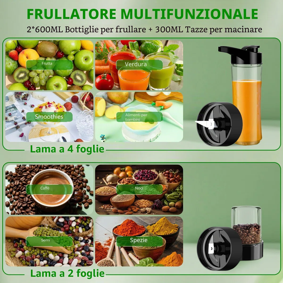 KITCANIS Mini frullatore 3 in 1, frullatore elettrico 800W, 3 velocità regolabili, 2 bottiglie portatili da 600 ml e tazza da 300 ml per gelato, frutta, verdura, noci