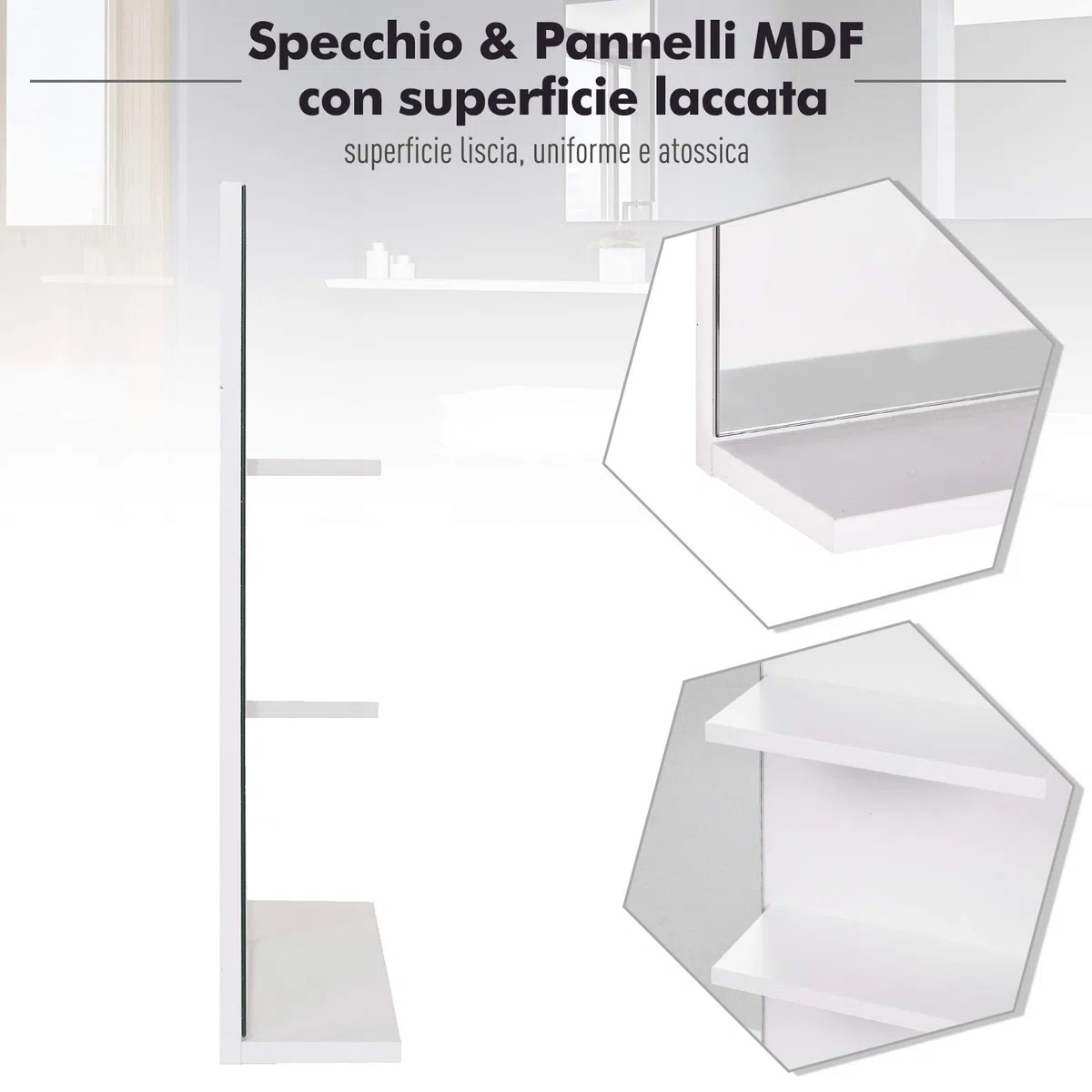 kleankin Specchio da Bagno con 2 Ripiani Laterali e Ripiano Inferiore, Specchio Moderno con Montaggio a Parete, in MDF e Vetro, 60x10x48 cm, Bianco