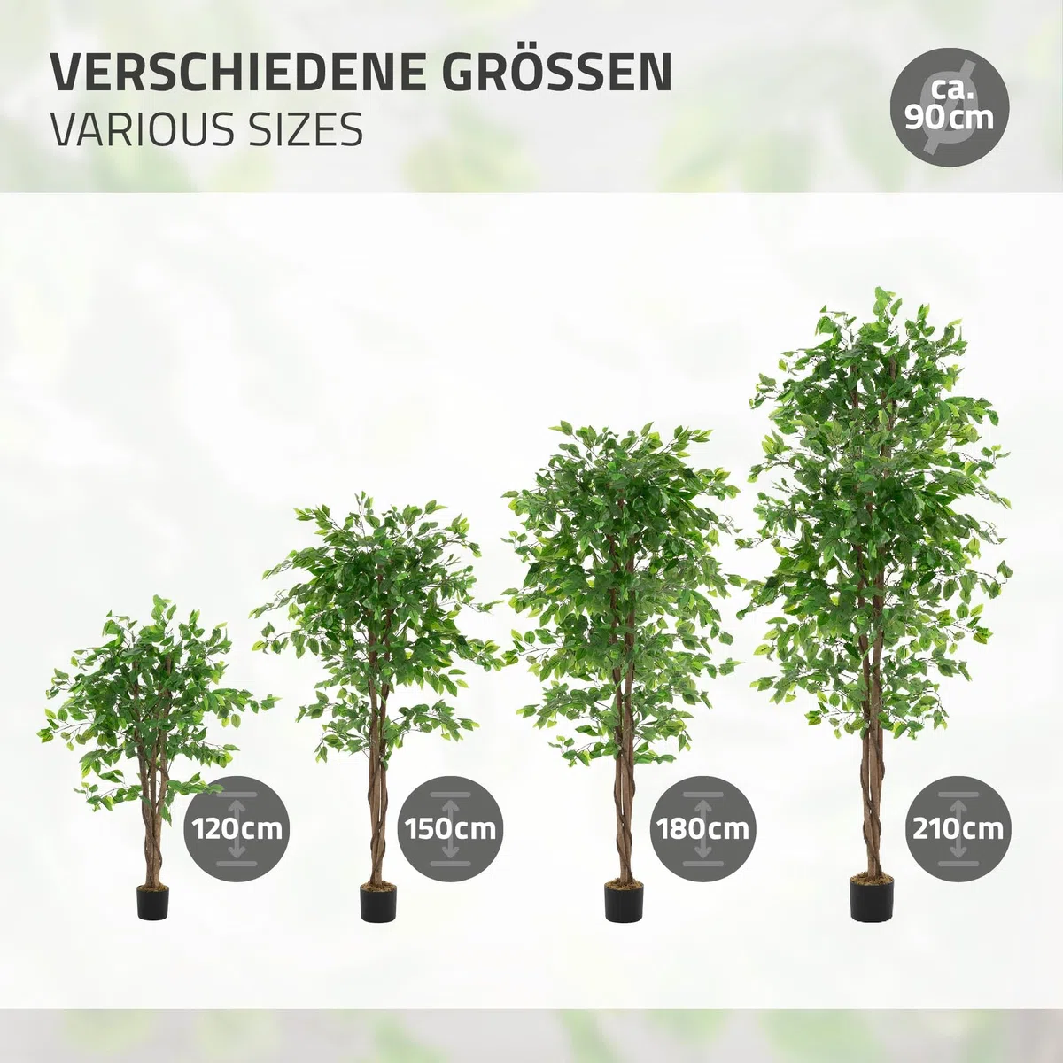 ML Design - Pianta artificiale Ficus, 120 cm, piante artificiali grandi come vere, finte da interno con tronco in legno naturale, per interni ed esterni, facile da pulire, per soggiorno e ufficio