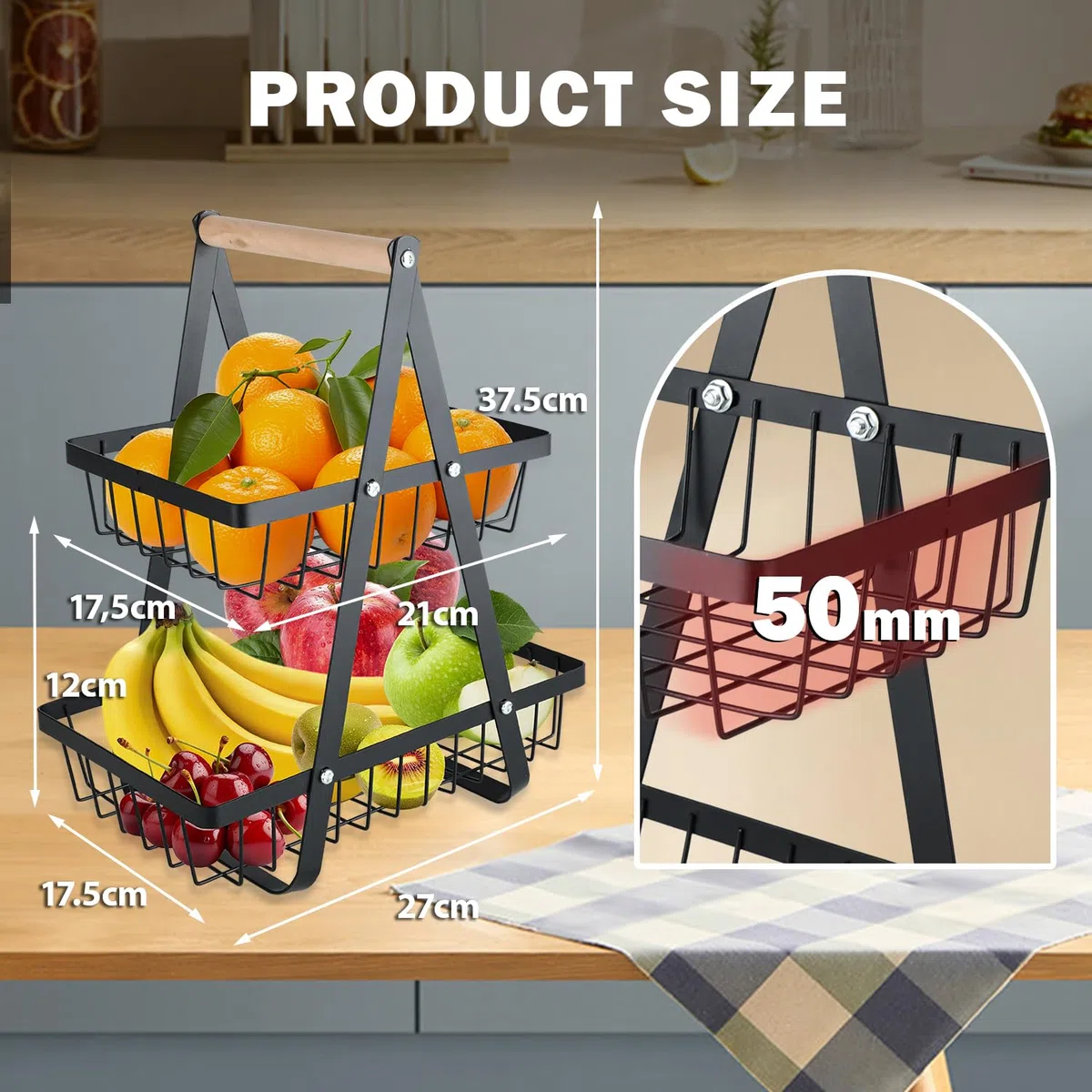 Alzata per frutta con 2 ripiani,Cestino Frutta,con manico in legno, rimovibile,scaffale angolare in piedi,Porta Frutta da Tavolo per Verdura Snack (Nero)