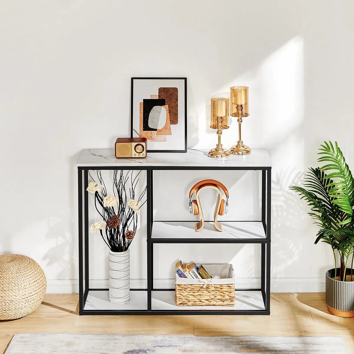 WOHOMO Tavolo consolle da ingresso stretto da 30 cm, per soggiorno, 80 cm, moderno, industriale, con ripiani portaoggetti a 3 ripiani, per corridoio, corridoio, marmo bianco