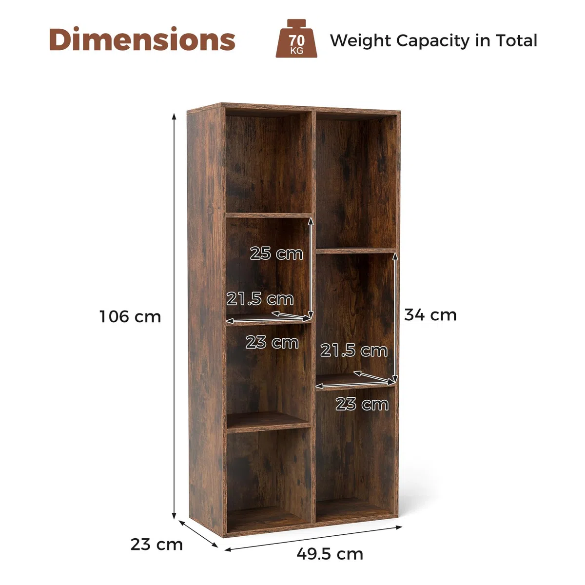 KOMFOTTEU Libreria Verticale con 8 Cubi, Mobile Contenitore in Legno, con 2 Dispositivi Antiribaltamento, Libreria Scaffale per Soggiorno, Camera da Letto, Ufficio, 49,5 x 23 x 106 cm (Marrone)