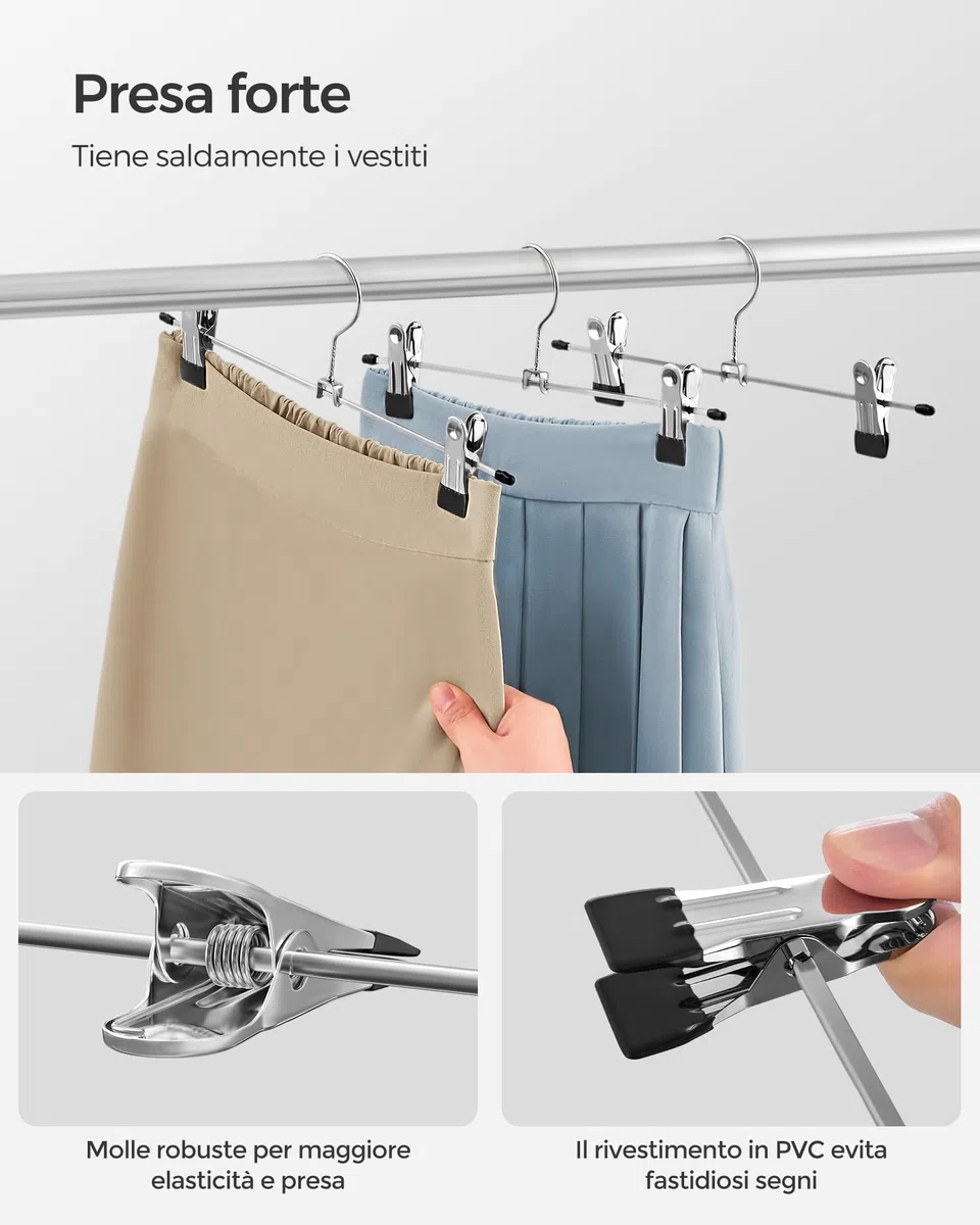 SONGMICS Grucce Pantaloni in Metallo, 20 Pezzi, Grucce Appendiabiti con Pinze per Gonne Calze, Lunghezza 31 cm, Capacità di Carico Elevata, Cromato, Argento Metallizzato e Nero Inchiostro CRI003-20
