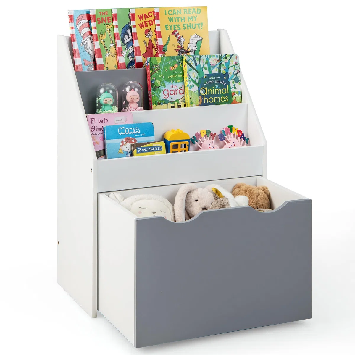 COSTWAY Libreria Montessoriana per Bambini, Scaffale per Libri a 3 Livelli con Cassetto Inferiore e 4 Ruote, per Cameretta, Stanza dei Giochi e Asilo, 50 x 28 x 70 cm, Grigio e Bianco