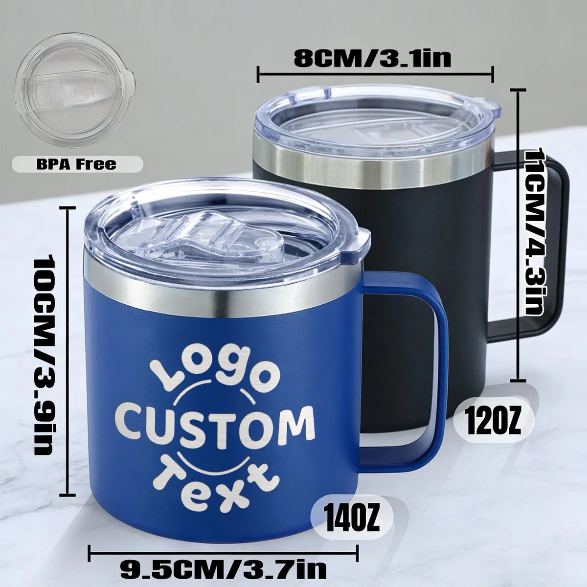 Tazza da caffè isolata personalizzata con nome/testo/logo inciso, bicchiere da viaggio in acciaio inossidabile personalizzato con manico coperchio Tazza termica a doppia parete personalizzata per